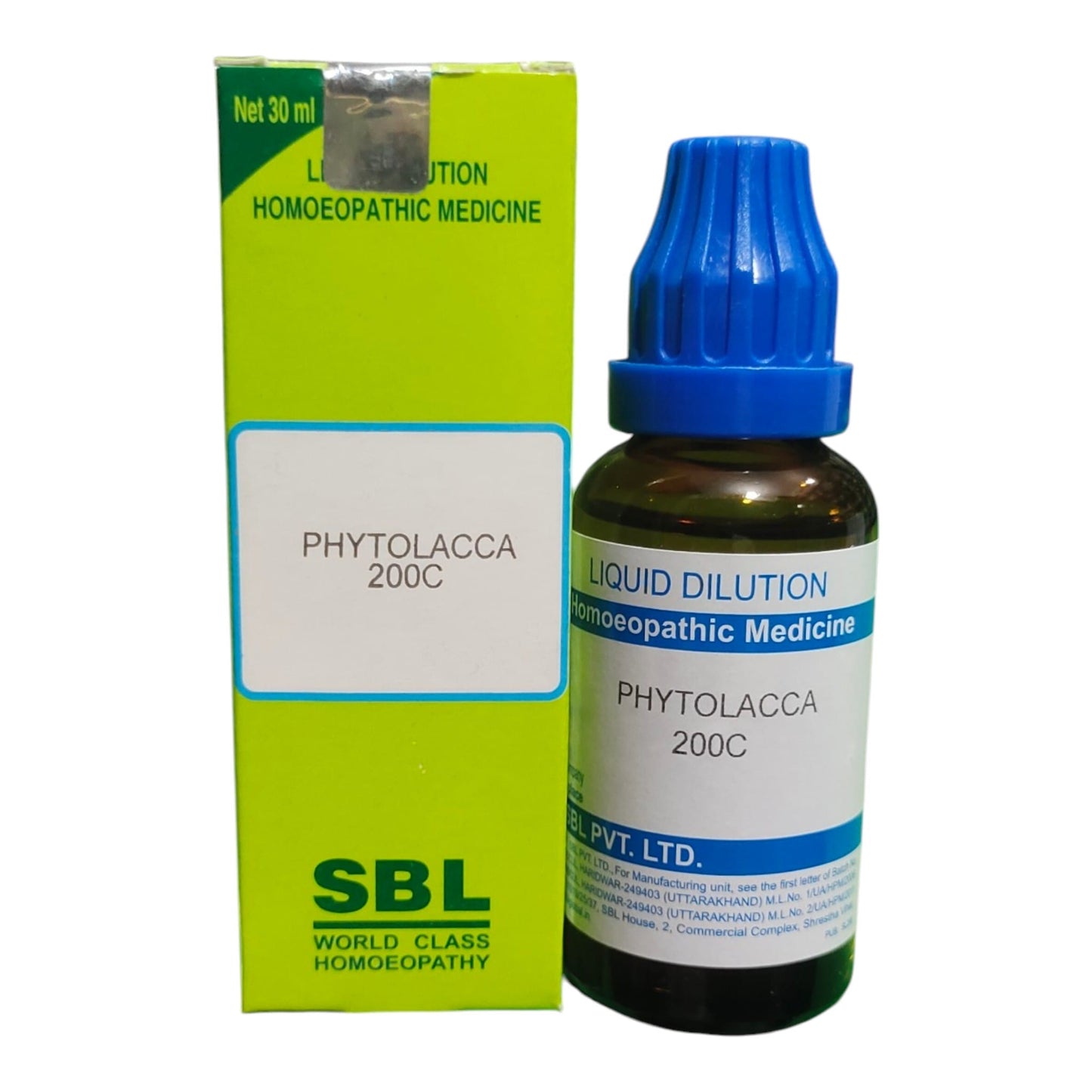 A bottle of Phytolacca 200C liquid dilution homeopathic medicine next to its lime green packaging box, featuring a blue dropper cap and SBL branding.