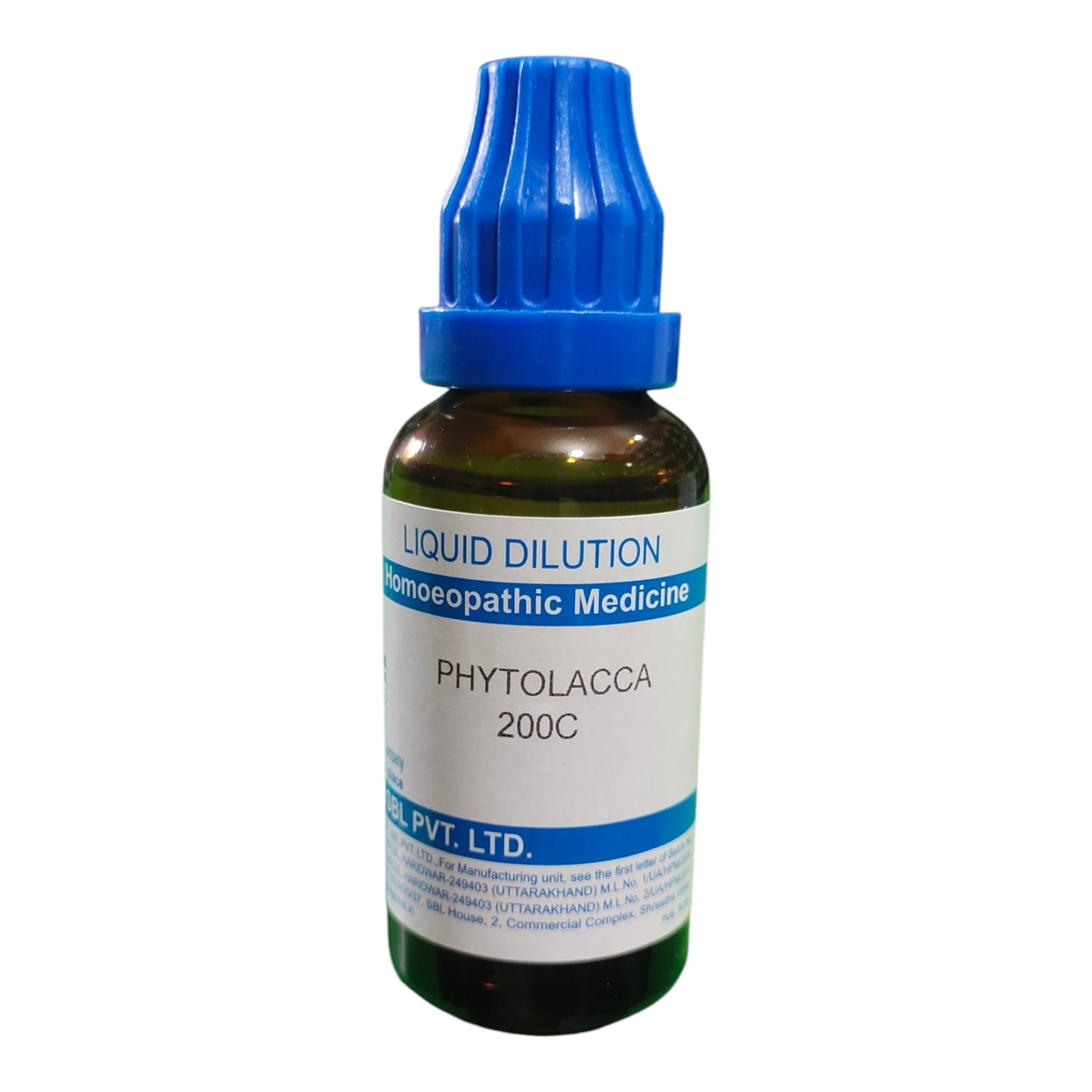 A small amber glass dropper bottle of homeopathic medicine labeled 'LIQUID DILUTION' and 'PHYTOLACCA 200C', with a blue dropper cap on a white background.