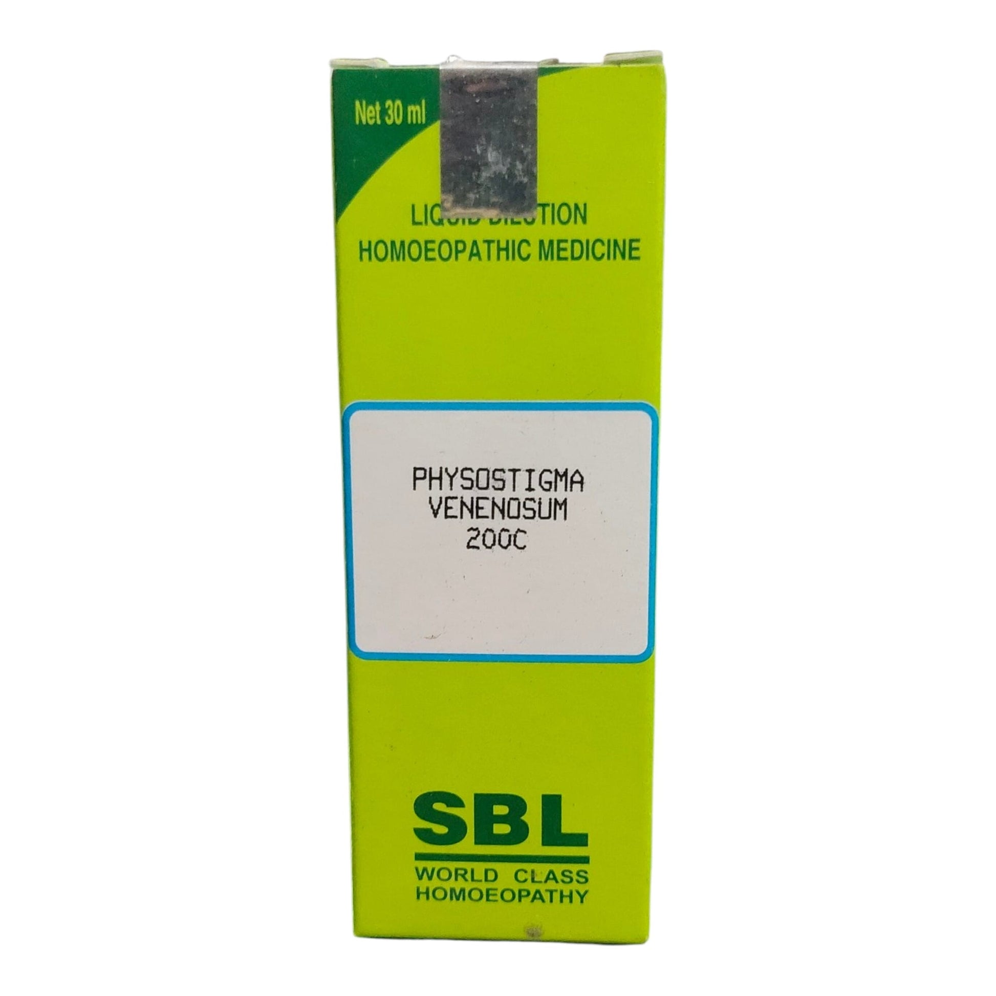 A 30 ml box of SBL Physostigma Venenosum 200C liquid injection homeopathic medicine, featuring a bright lime green and white design with a blue border around the central label.