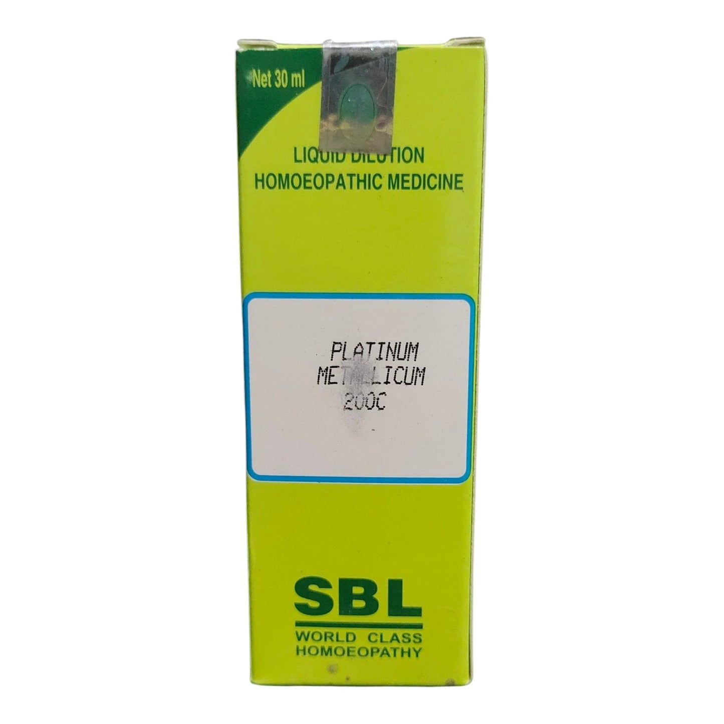 A 30 ml box of SBL Platinum Metallicum 200C liquid dilution homeopathic medicine, featuring a bright lime green and yellow-green design with a white label in the center.