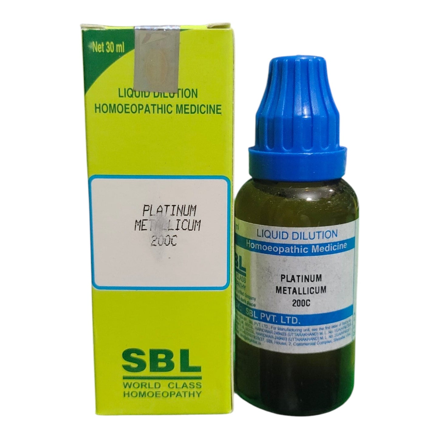 A bottle of SBL Platinum Metallicum 200C liquid dilution homeopathic medicine next to its lime green box, on a white background.