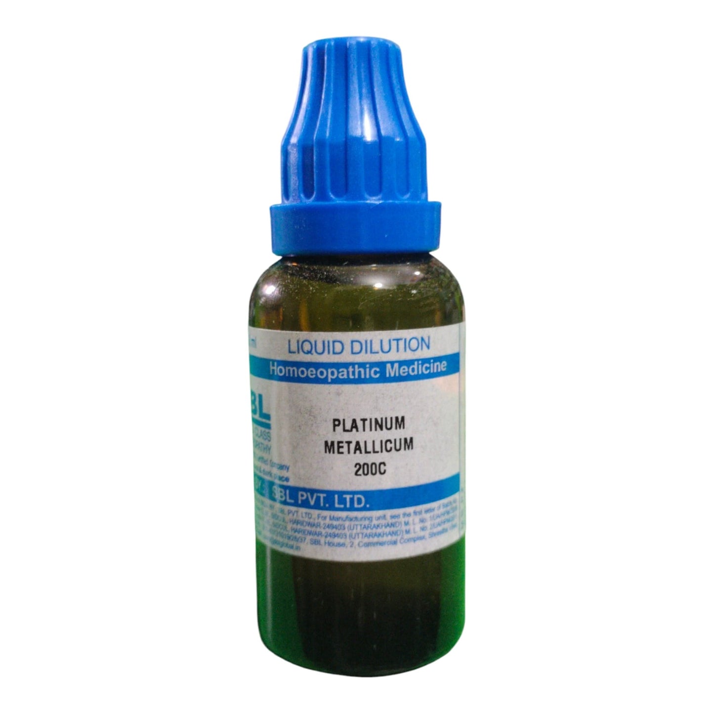 A small amber glass dropper bottle of homeopathic liquid medicine labeled 'PLATINUM METALLICUM 200C' with a blue cap, on a plain white background.