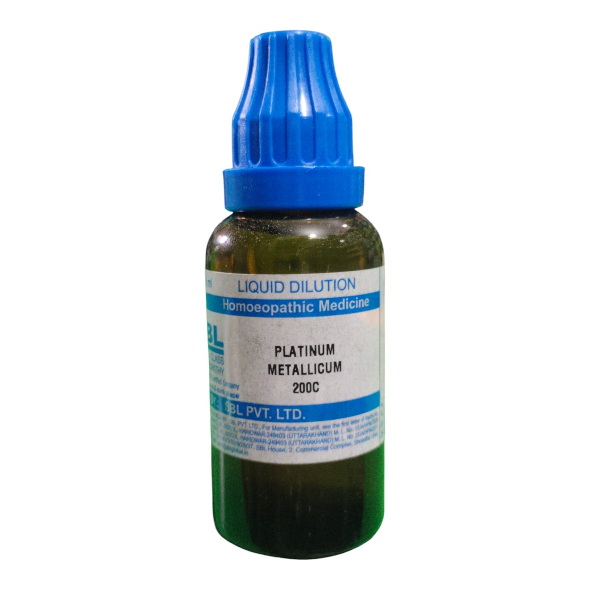 A small amber glass dropper bottle of homeopathic liquid medicine labeled 'PLATINUM METALLICUM 200C' with a blue cap, on a plain white background.