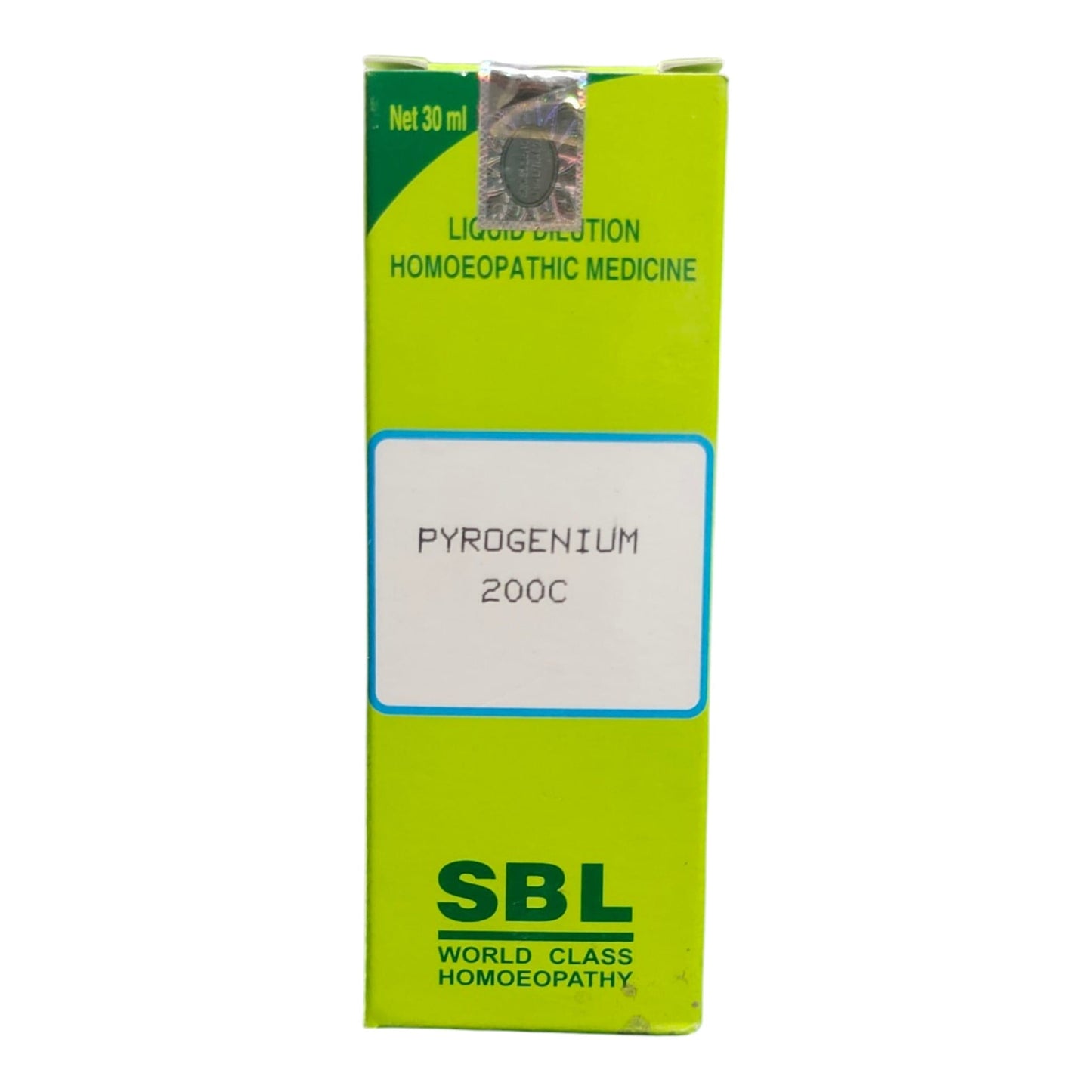 A green rectangular box of SBL Pyrogenium 200C liquid injection homeopathic medicine, shown against a plain white background.
