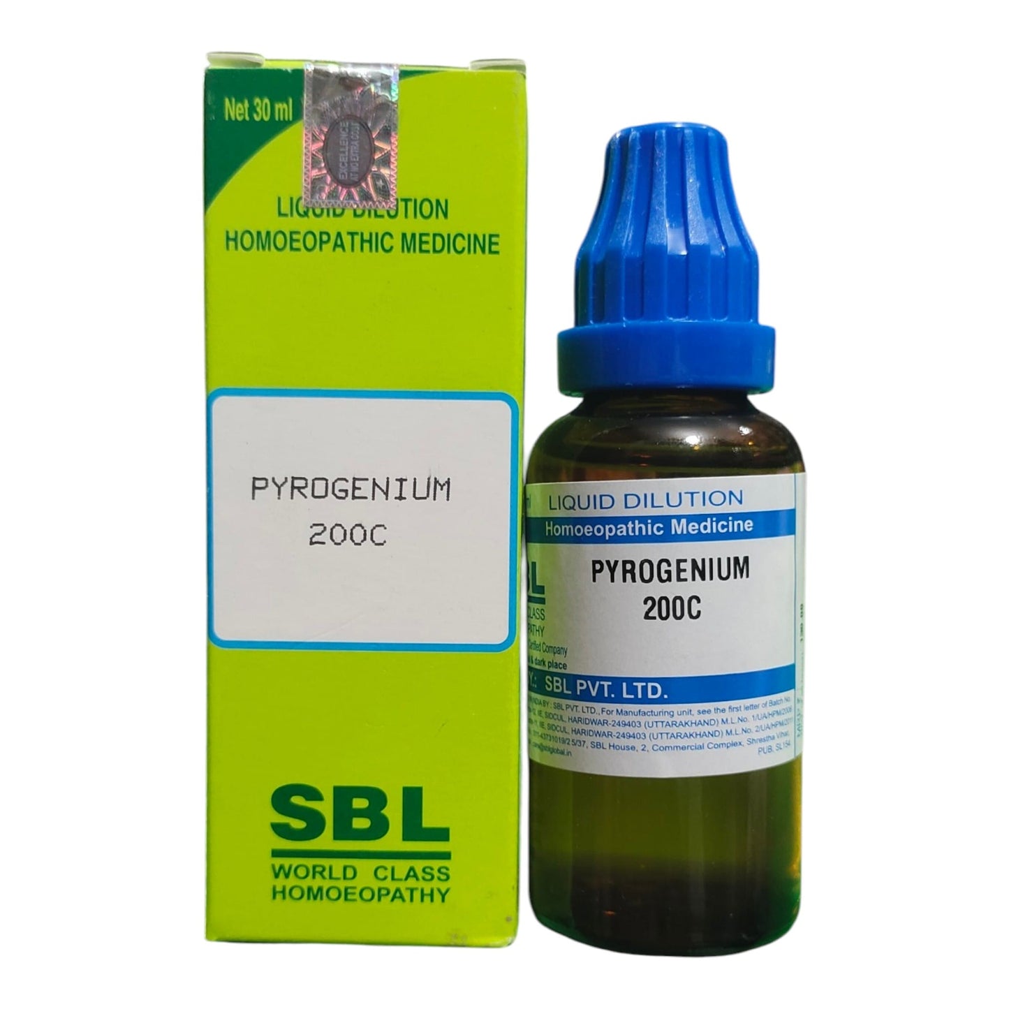 A bottle of SBL Pyrogenium 200C homeopathic medicine next to its lime green box, featuring a blue dropper cap on a white background.