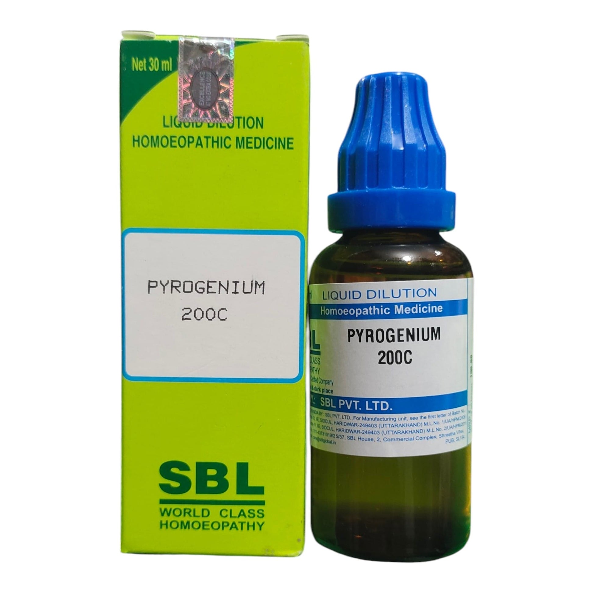 A bottle of SBL Pyrogenium 200C homeopathic medicine next to its lime green box, featuring a blue dropper cap on a white background.