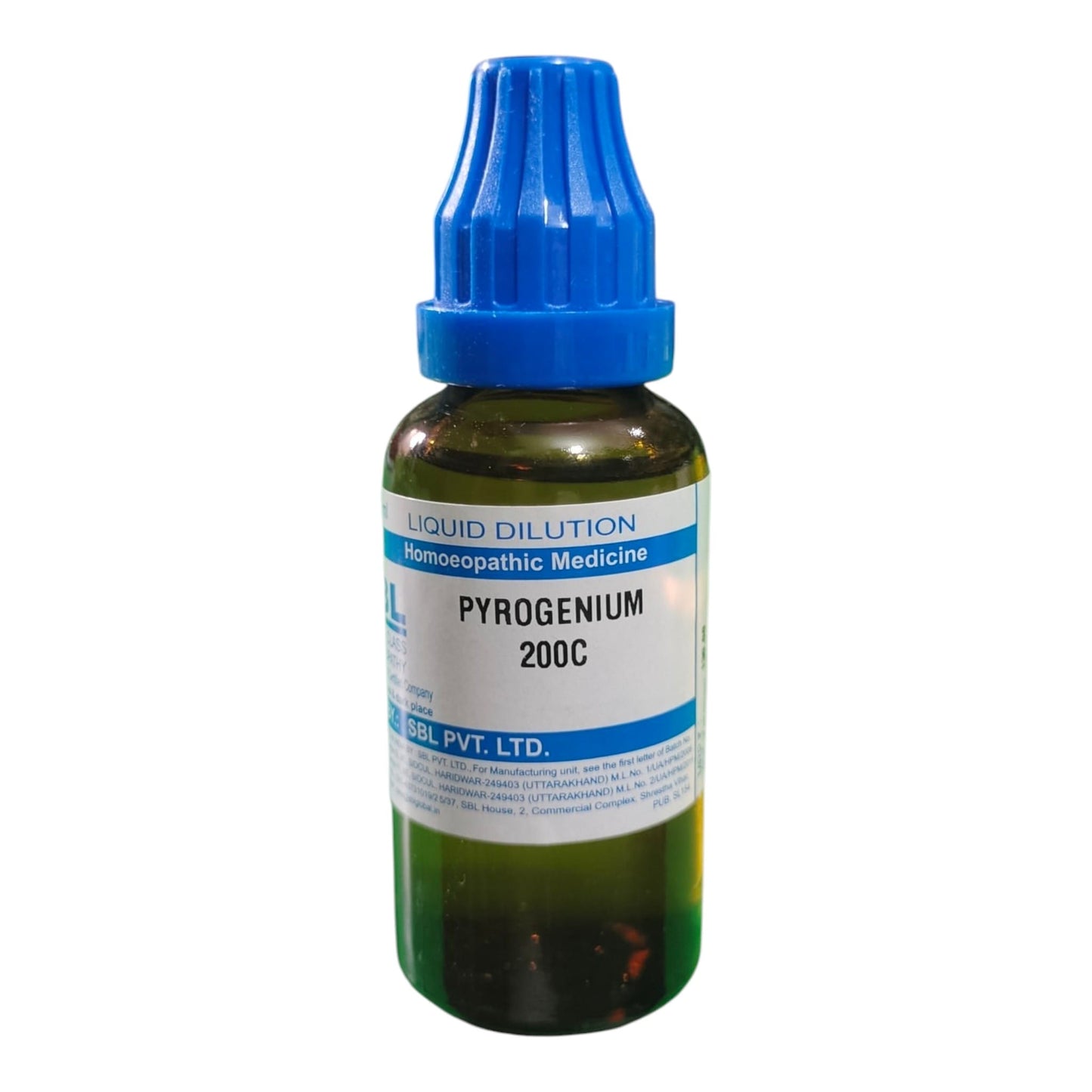 A 200C liquid dilution bottle of Pyrogenium homeopathic medicine by Bidel Pvt. Ltd.