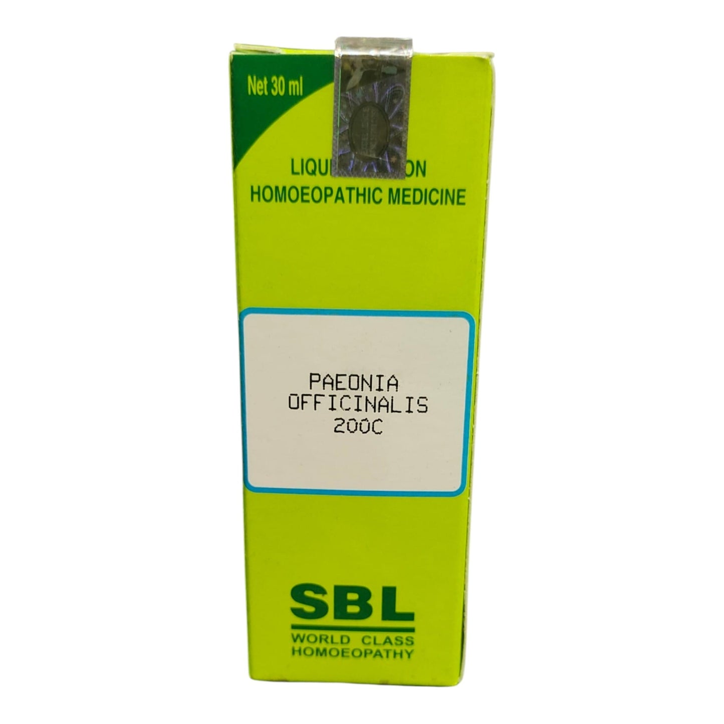 A 30 ml box of SBL Paonia Officialis 200C liquid homeopathic medicine, featuring a bright lime green and yellow-green design with a white label in the center.
