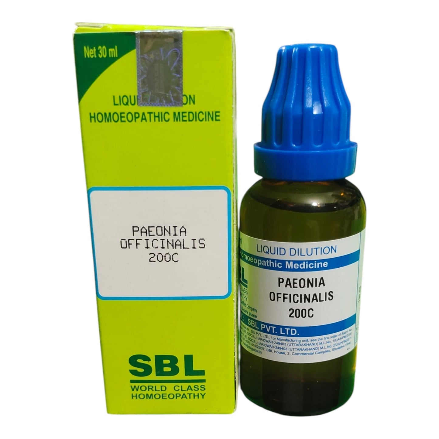 A bottle of SBL Liquid Dilution Homeopathic Medicine (Paonia Officialalis 200C) with a blue dropper cap next to its lime green and white cardboard packaging box.