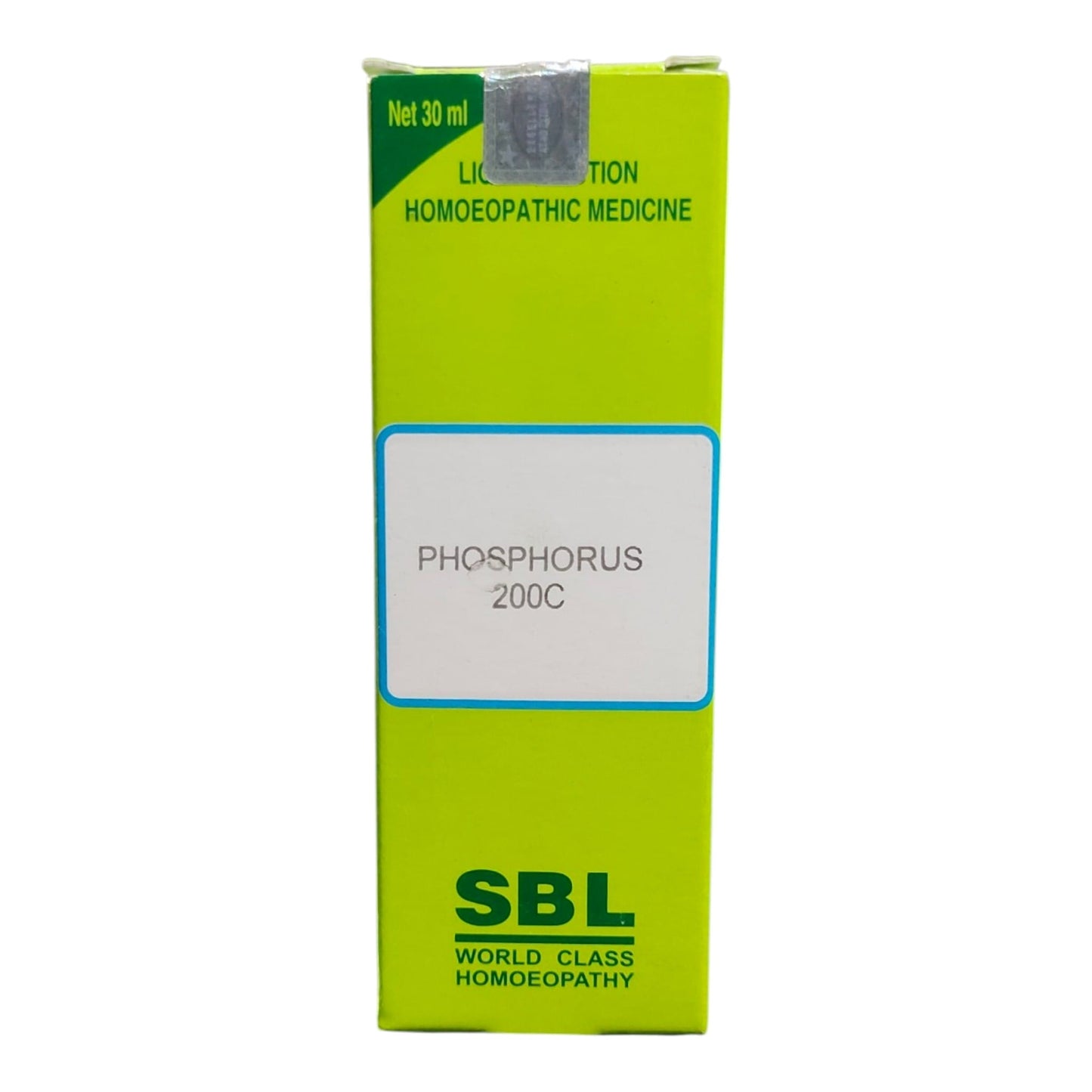 A 30 ml box of SBL Phosphorus 200C homeopathic medicine, featuring a bright lime green packaging design with a white label in the center.