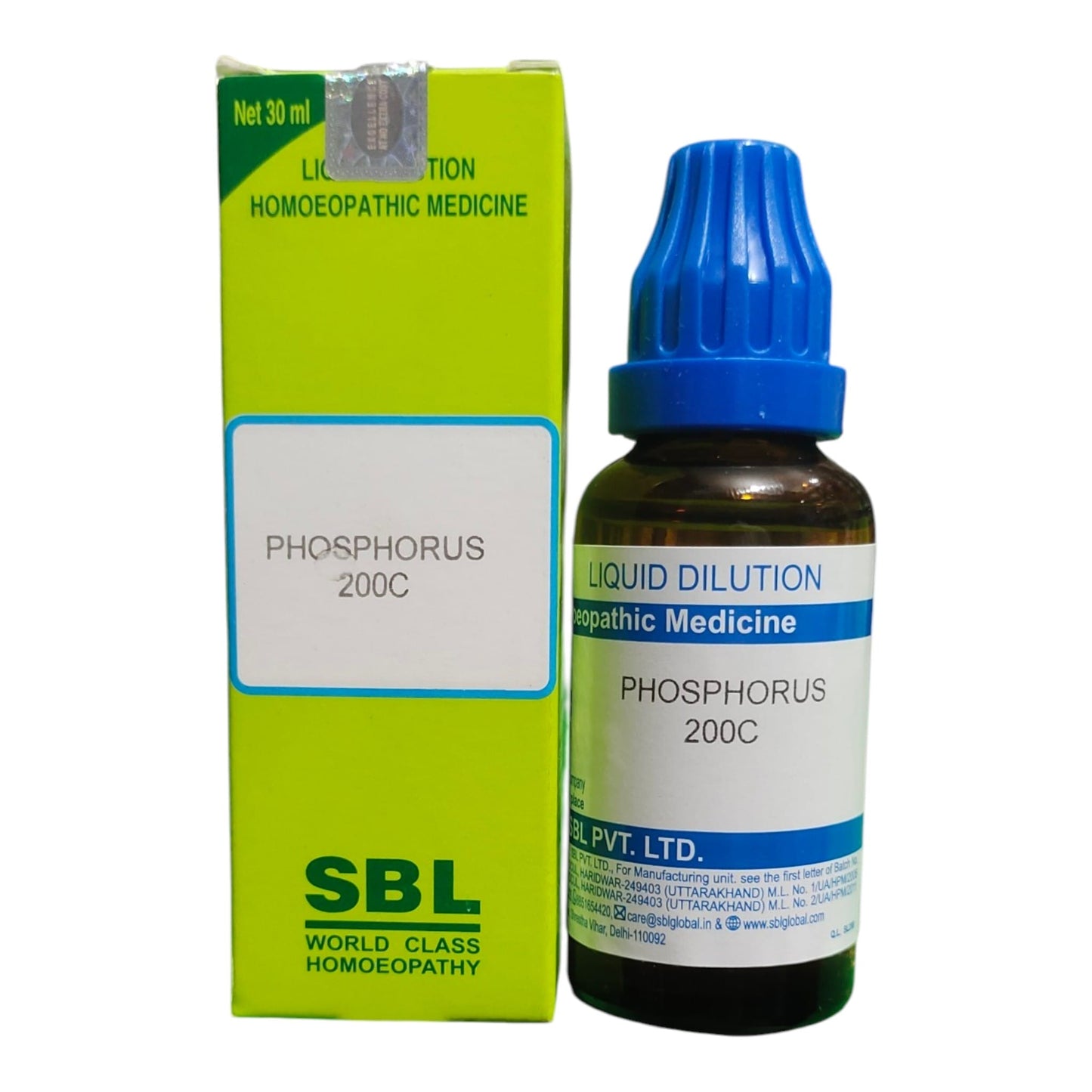 A bottle of SBL World Class Homoeopathy Phosphorus 200C liquid dilution medicine next to its lime green and white cardboard packaging box, on a plain white background.