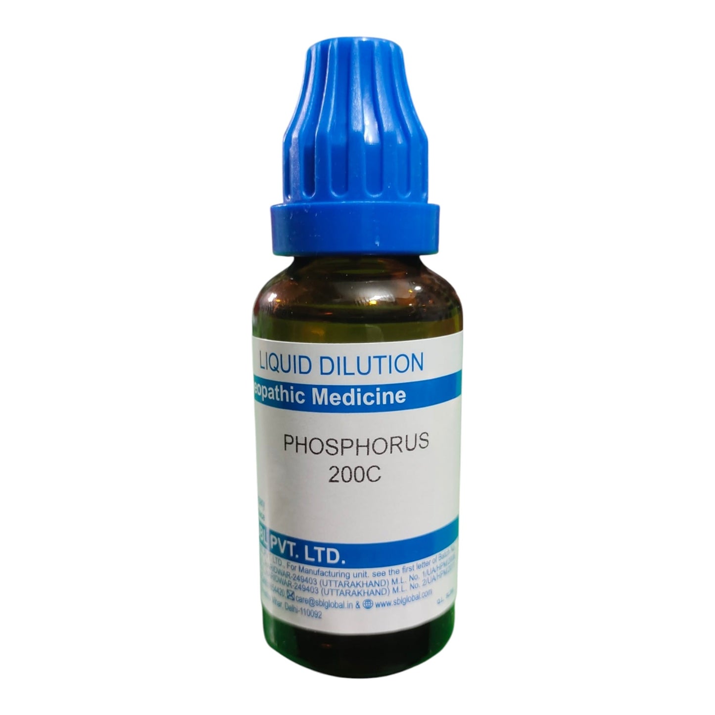 A small amber glass bottle ofopathic medicine with a blue dropper cap and a white label reading PHOSPHORUS 200C.