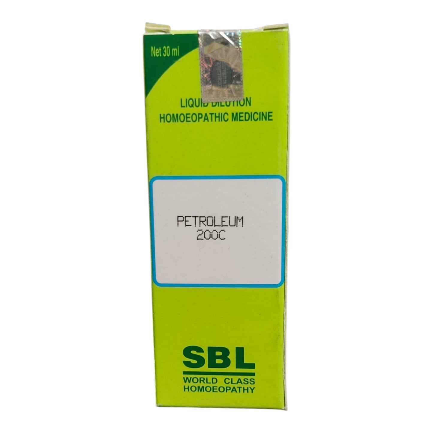 A green rectangular box of SBL Petroleum 200C homeopathic medicine, featuring a white label in the center and the brand name SBL printed in green at the bottom.