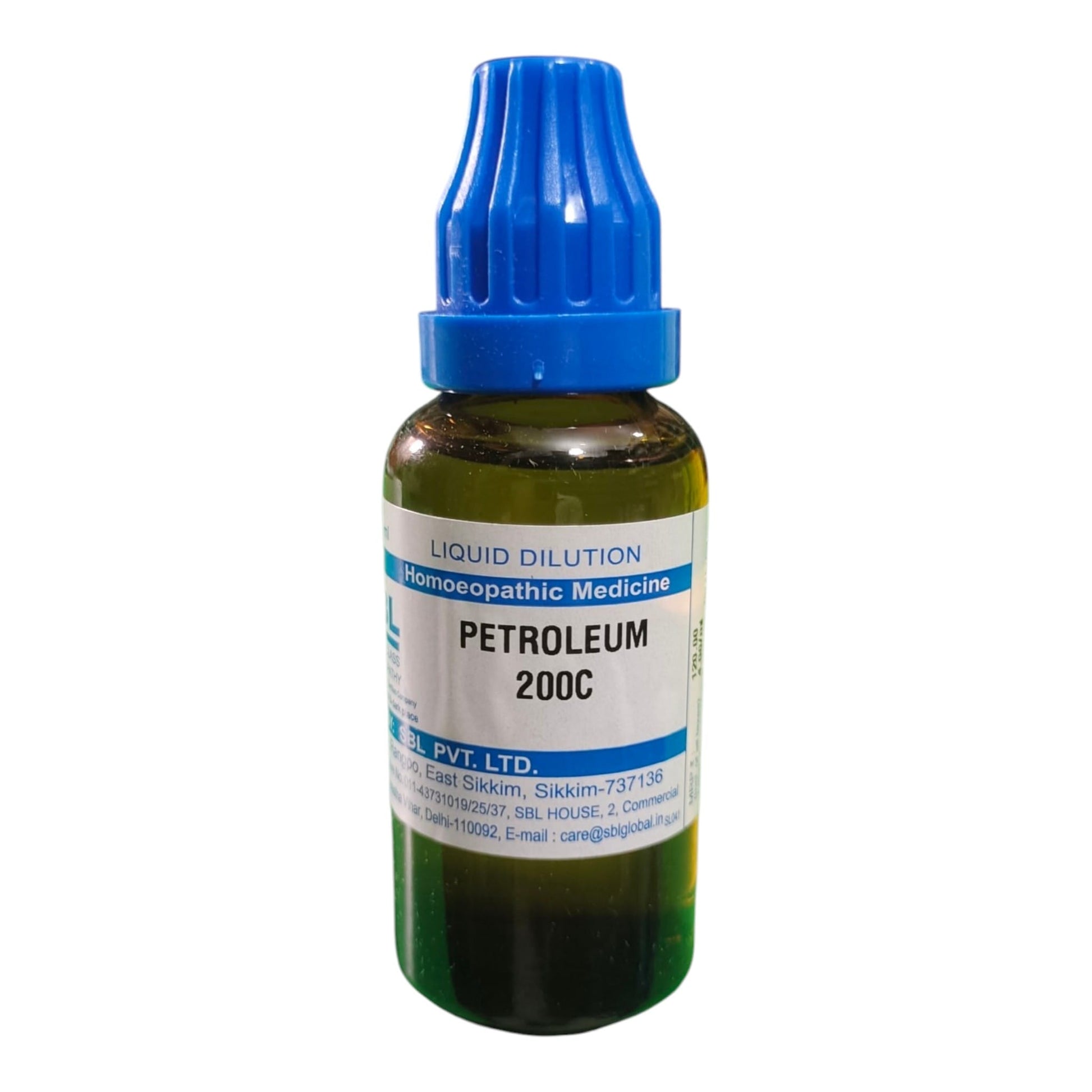 A small glass bottle of petroleum 200C liquid dilution from Homeopathic Medicine by PUT LTD, featuring a blue ribbed cap and a white label with blue text.