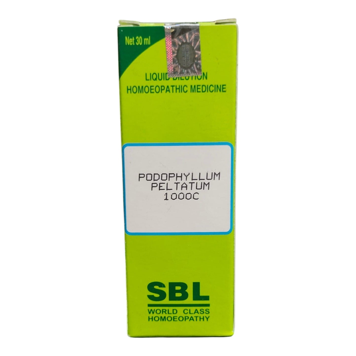 A 30 ml box of SBL Podophyllum Pelatum 1000C liquid election homeopathic medicine, featuring a bright lime green box with a white label in the center.