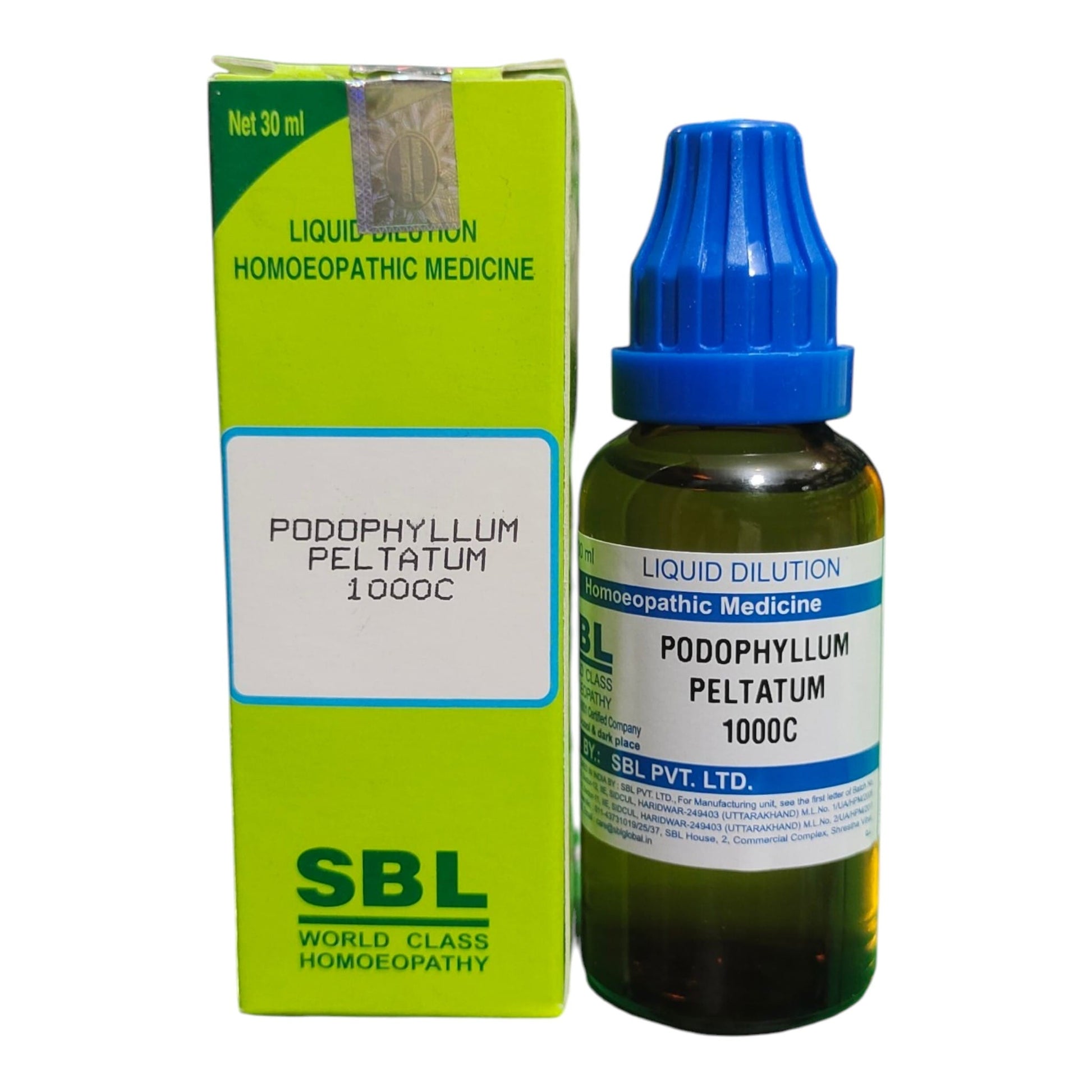 A bottle of SBL Liquid Dilution Homoeopathic Medicine Podophyllum Peltatum 1000C next to its lime green box, on a white background.