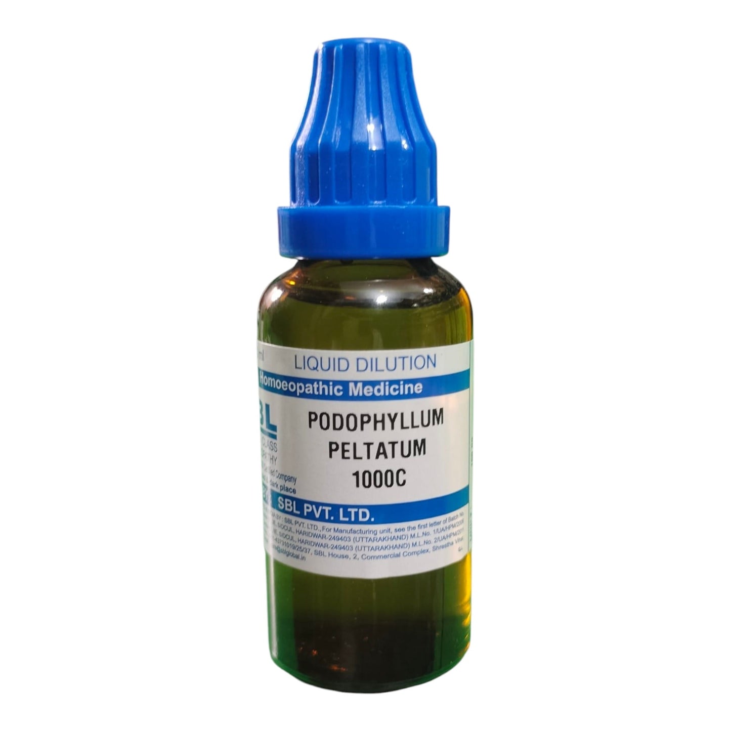 A small amber glass dropper bottle of monosophatic medicine labeled 'PODOPHYLLUM PELTATUM 1000C' with a blue dropper cap, on a plain white background.