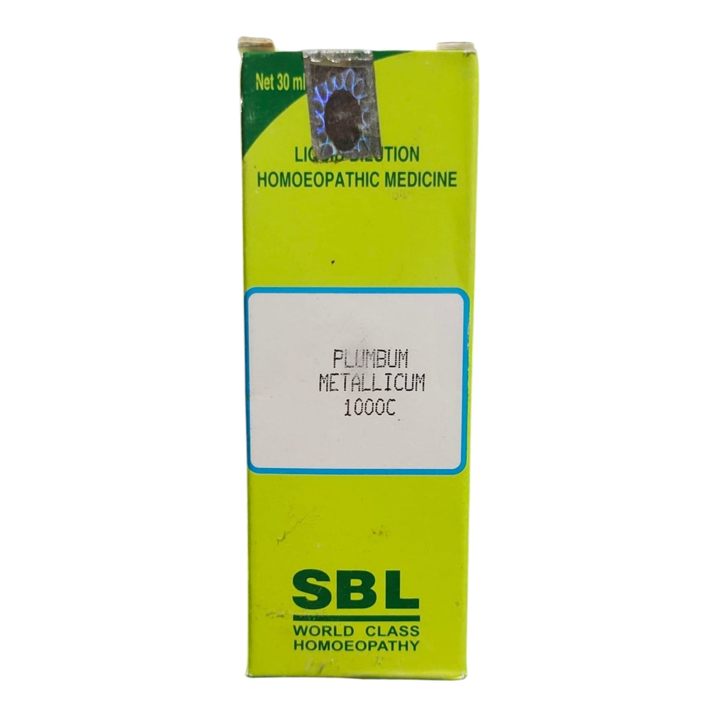 A green rectangular box of SBL World Class Homoeopathy Liquid Solution, featuring a white label with blue border and text for 'Plumbum Metallicum 1000C'.