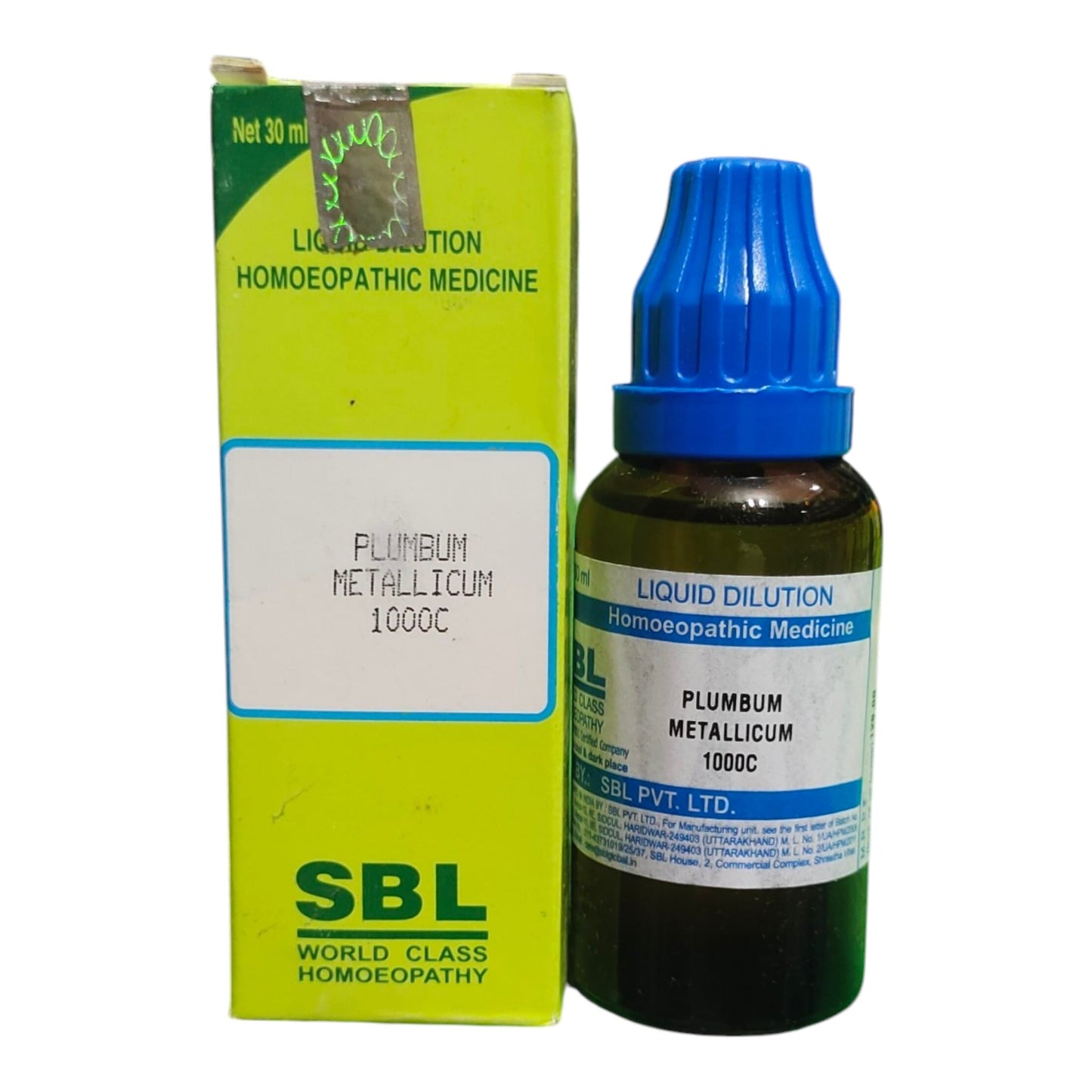 A bottle of SBL Plumbum Metallicum 1000C homeopathic liquid alongside its lime green packaging box, set against a plain white background.