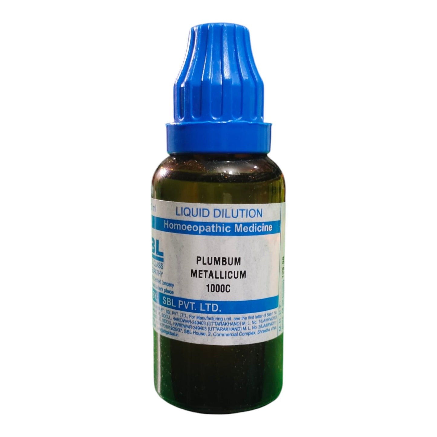 A bottle of PLUMBUM METALLICUM 1000C liquid dilution homeopathic medicine by SRL, PVT. LTD.