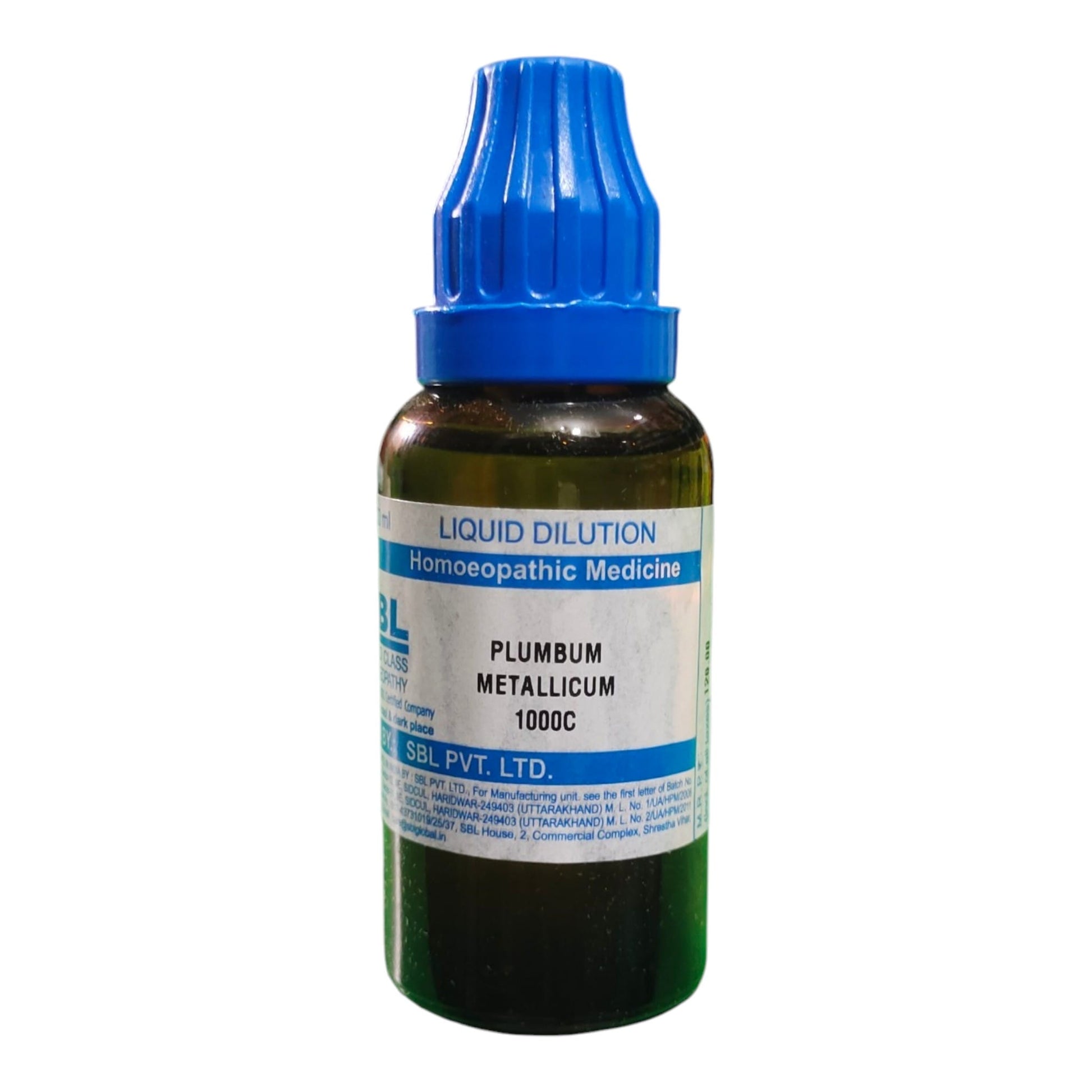 A bottle of PLUMBUM METALLICUM 1000C liquid dilution homeopathic medicine by SRL, PVT. LTD.