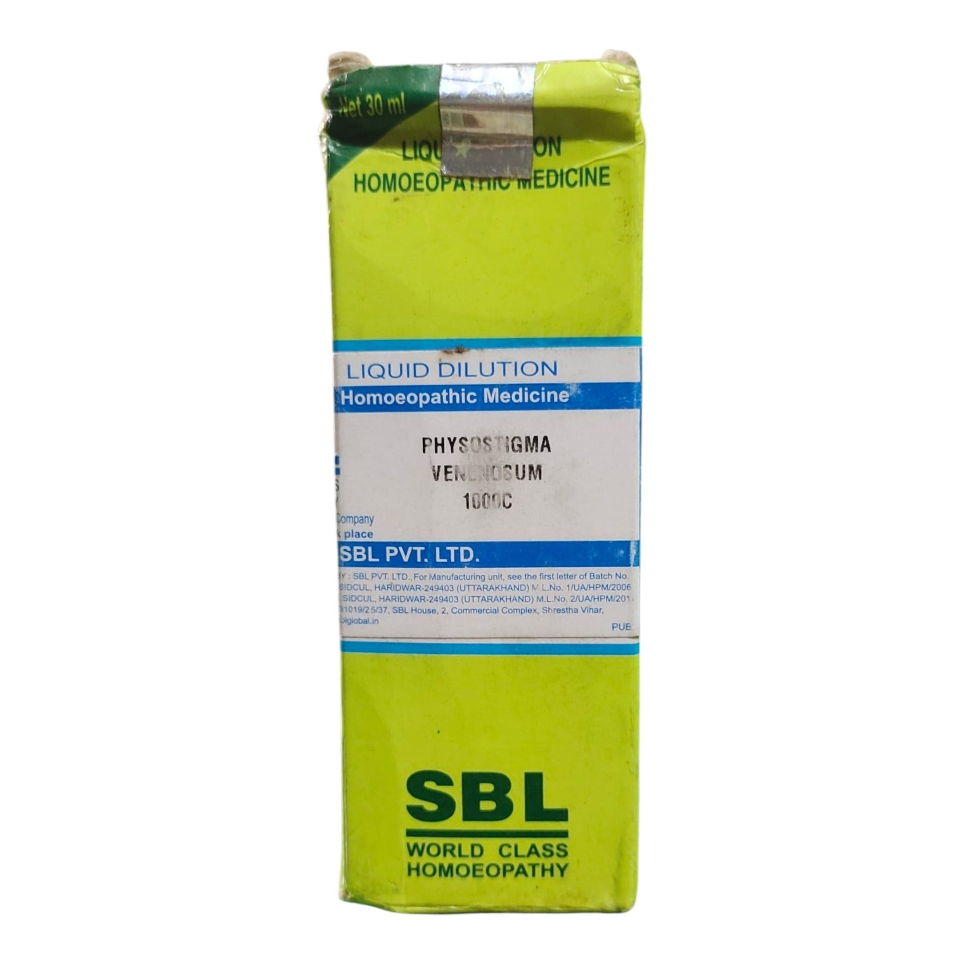A rectangular bottle of SBL World Class Homoeopathy Physiological Venereum 10MC liquid dilution, featuring a lime green body with a white and blue label.