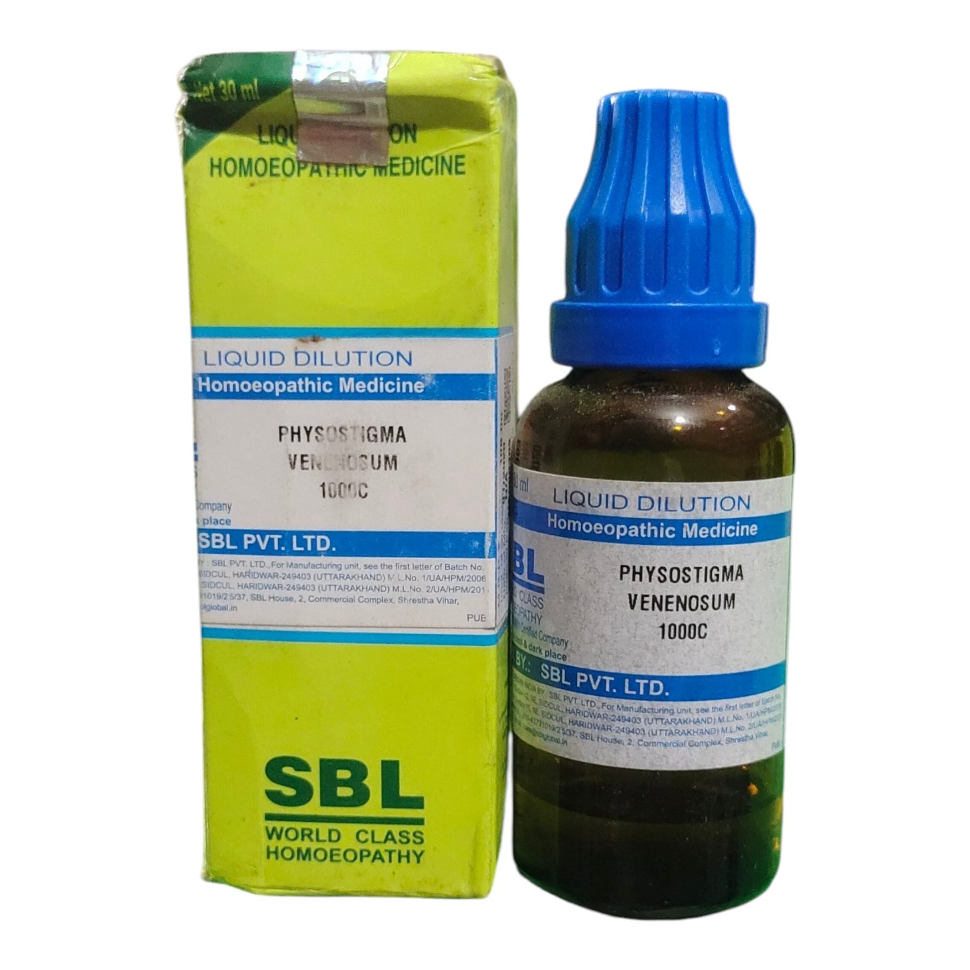 A bottle of SBL Physostigma Venenosum 1800C homeopathic liquid medicine with a blue cap next to its lime green cardboard box, on a white background.