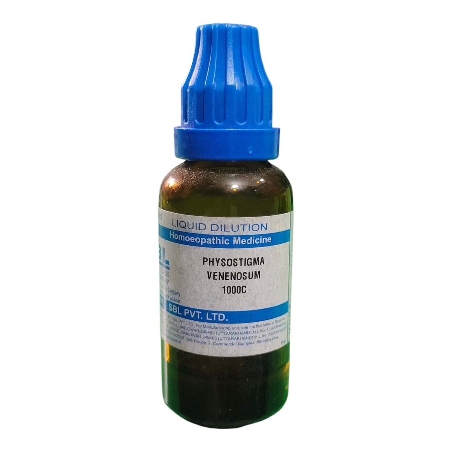 A small amber glass bottle of homeopathic medicine with a blue dropper cap, labeled 'Physostigma Venenosum 1000C' by DPL Pvt. Ltd.