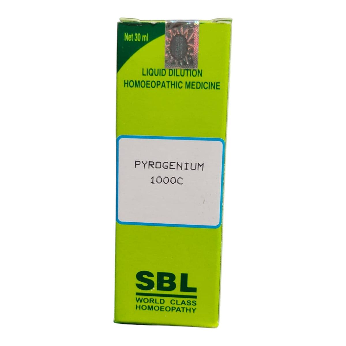 A 30 ml box of SBL Pyrogenium 1000C liquid dilution homeopathic medicine, featuring a bright lime green packaging design with a white label in the center.