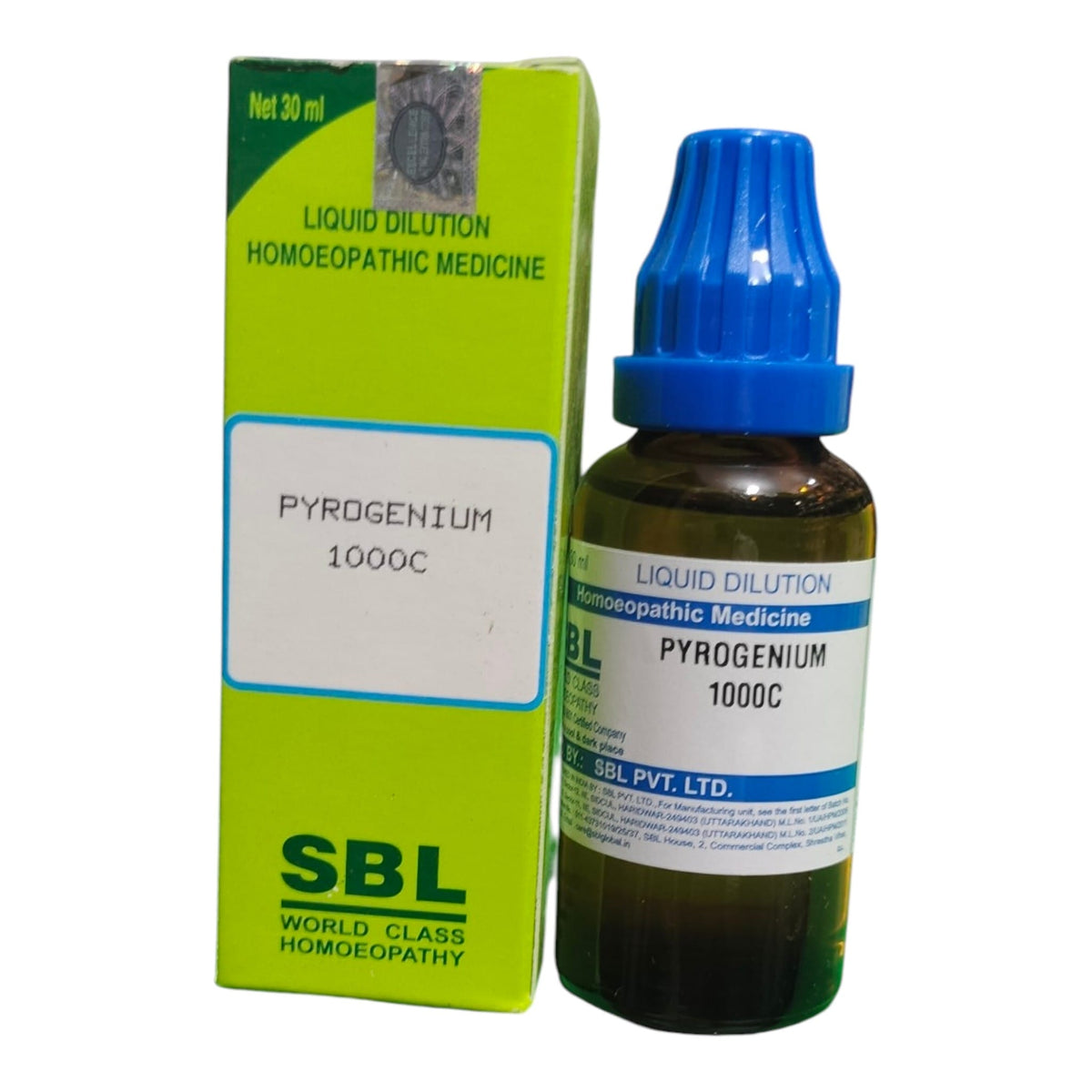 SBL World Class Homeopathy Pyrogenium 1000C liquid dilution medicine shown with its green and white box and the amber glass dropper bottle with a blue cap.