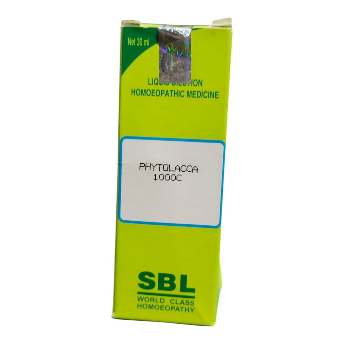 A green and yellow box of SBL Phytolacca 1000C homeopathic medicine, photographed against a plain white background.