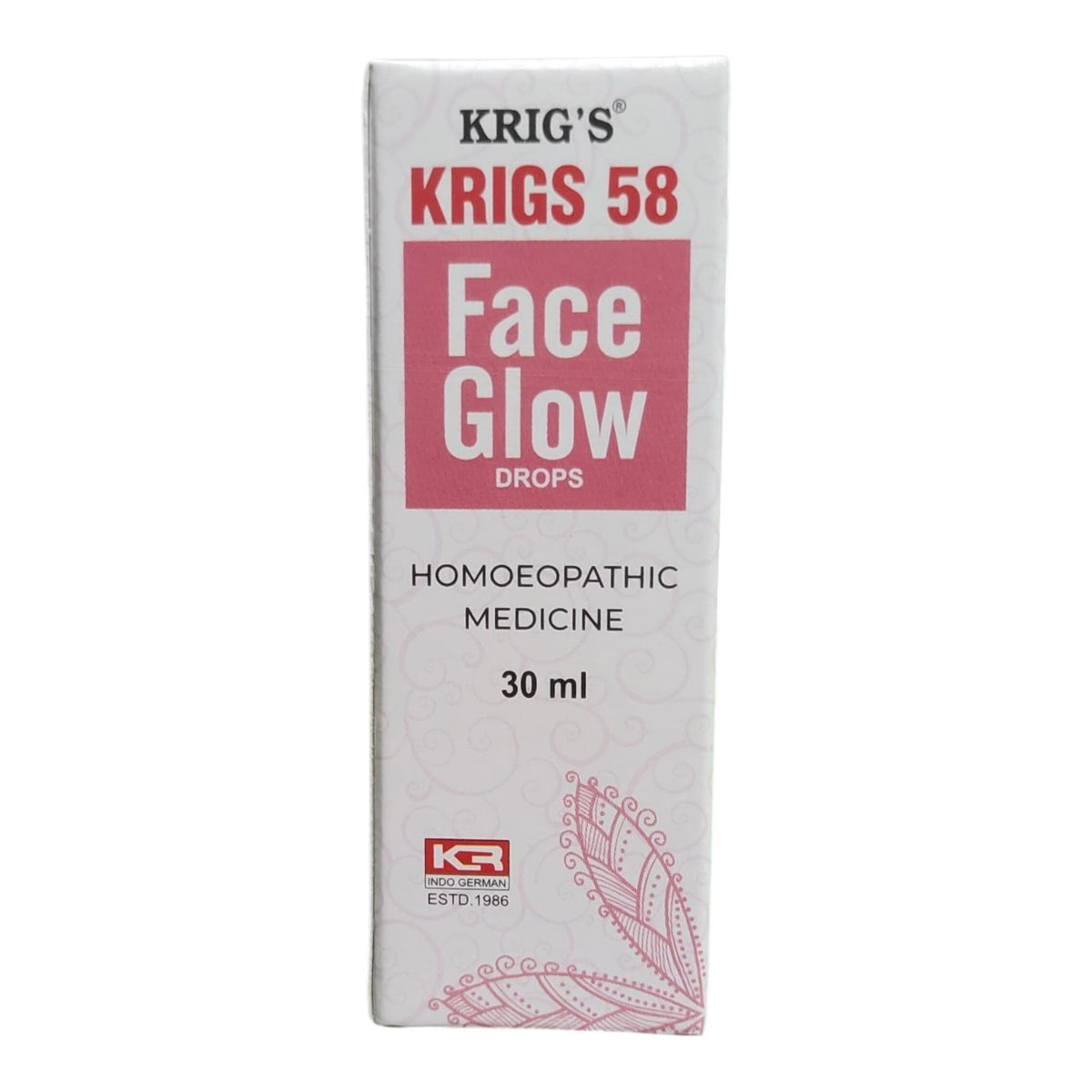A 30 ml box of Krig's Krigs 58 Face Glow Drops, a homoeopathic medicine, shown against a plain white background.