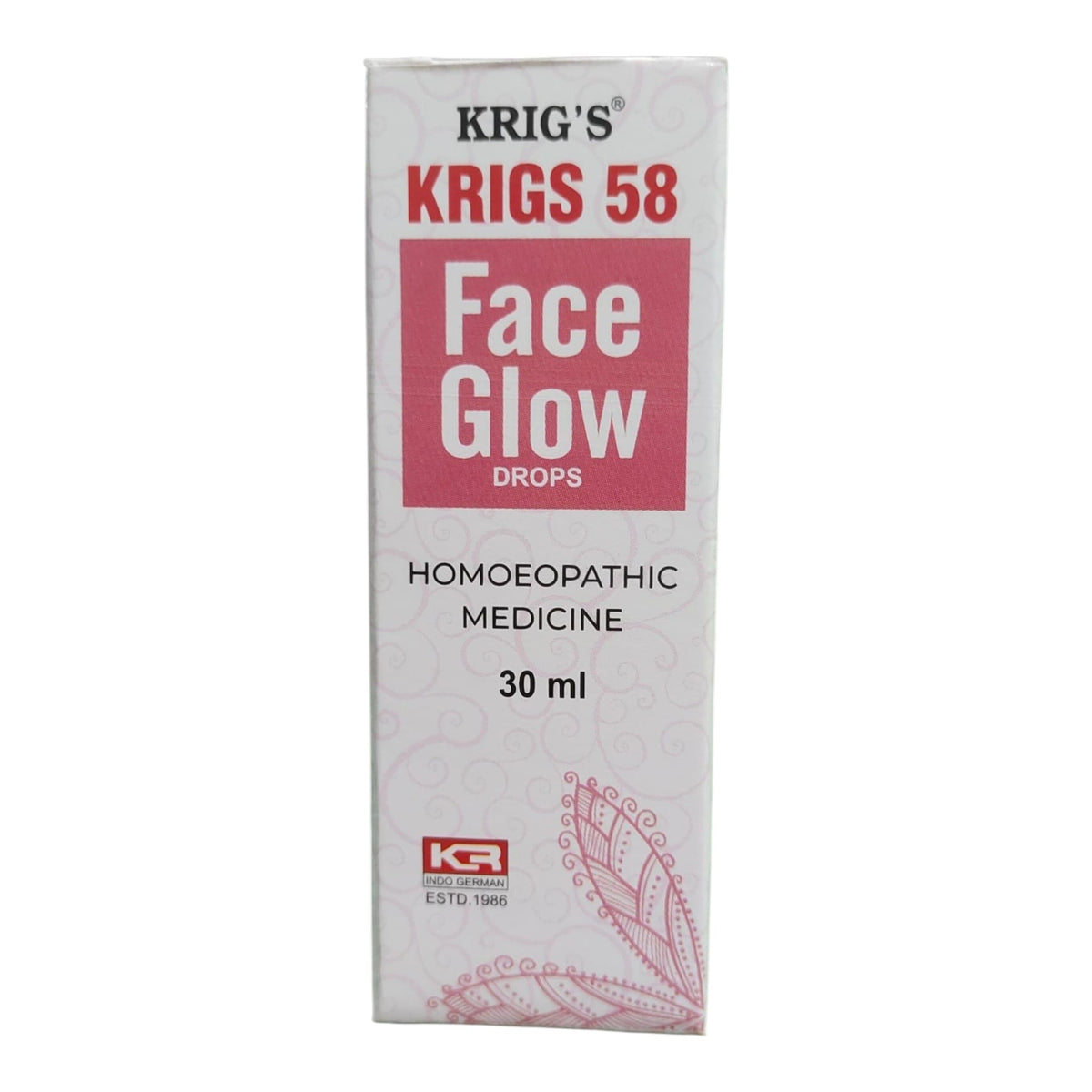 A 30 ml box of Krig's Krigs 58 Face Glow Drops, a homoeopathic medicine, shown against a plain white background.