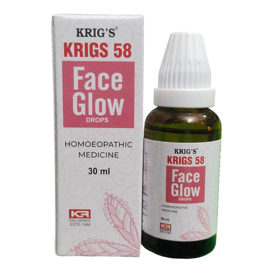 Krig's Krigs 58 Face Glow Drops 30ml bottle and its white cardboard packaging box, shown on a plain white background.