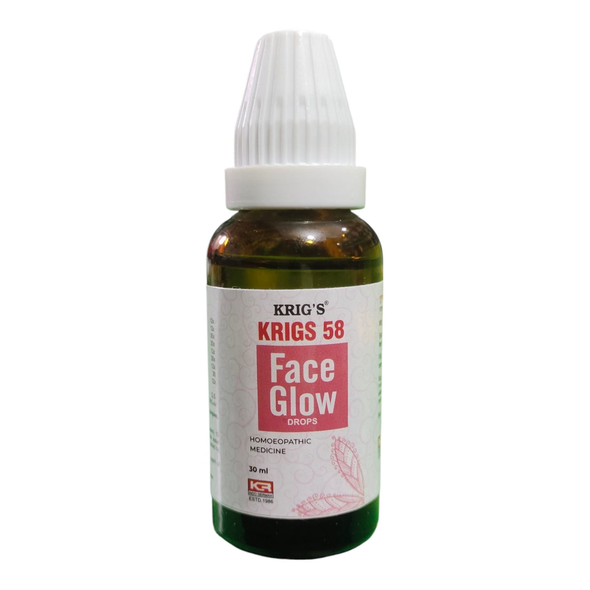 A 30 ml bottle of Krig's Krigs 58 Face Glow Drops, featuring a white ribbed cap and a white label with red and black text, set against a plain white background.
