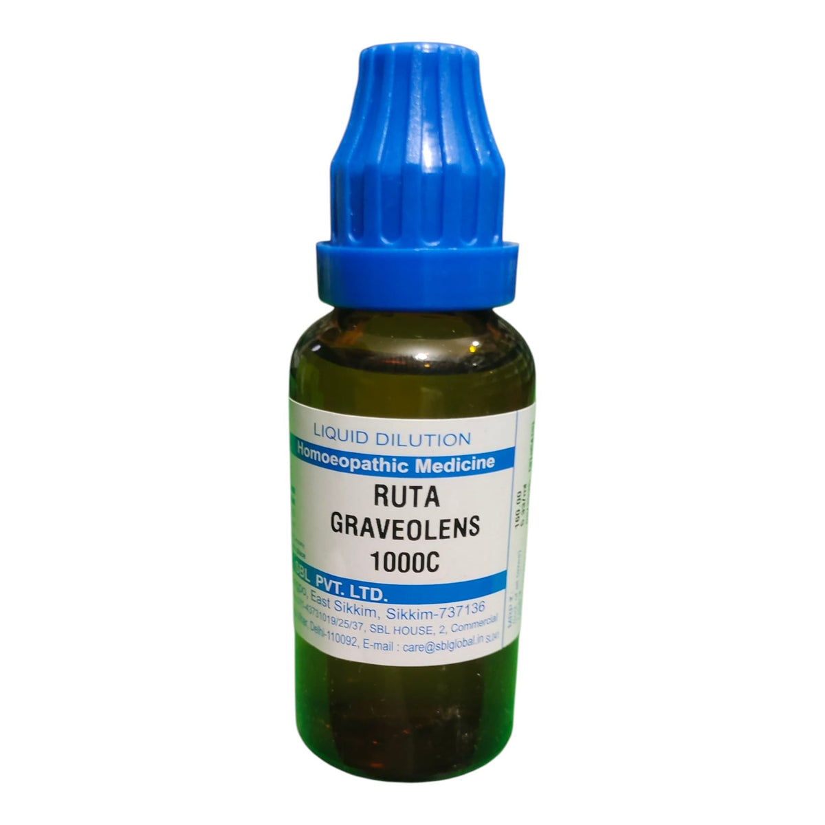 A 1000C liquid dilution bottle of Ruta Graveolens homeopathic medicine by PVT. LTD.