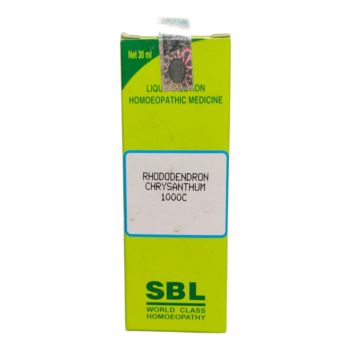 A 30 ml box of SBL Rhododendron Chrysanthum 1000C liquid homeopathic medicine, featuring a bright lime green packaging box with a white label in the center.