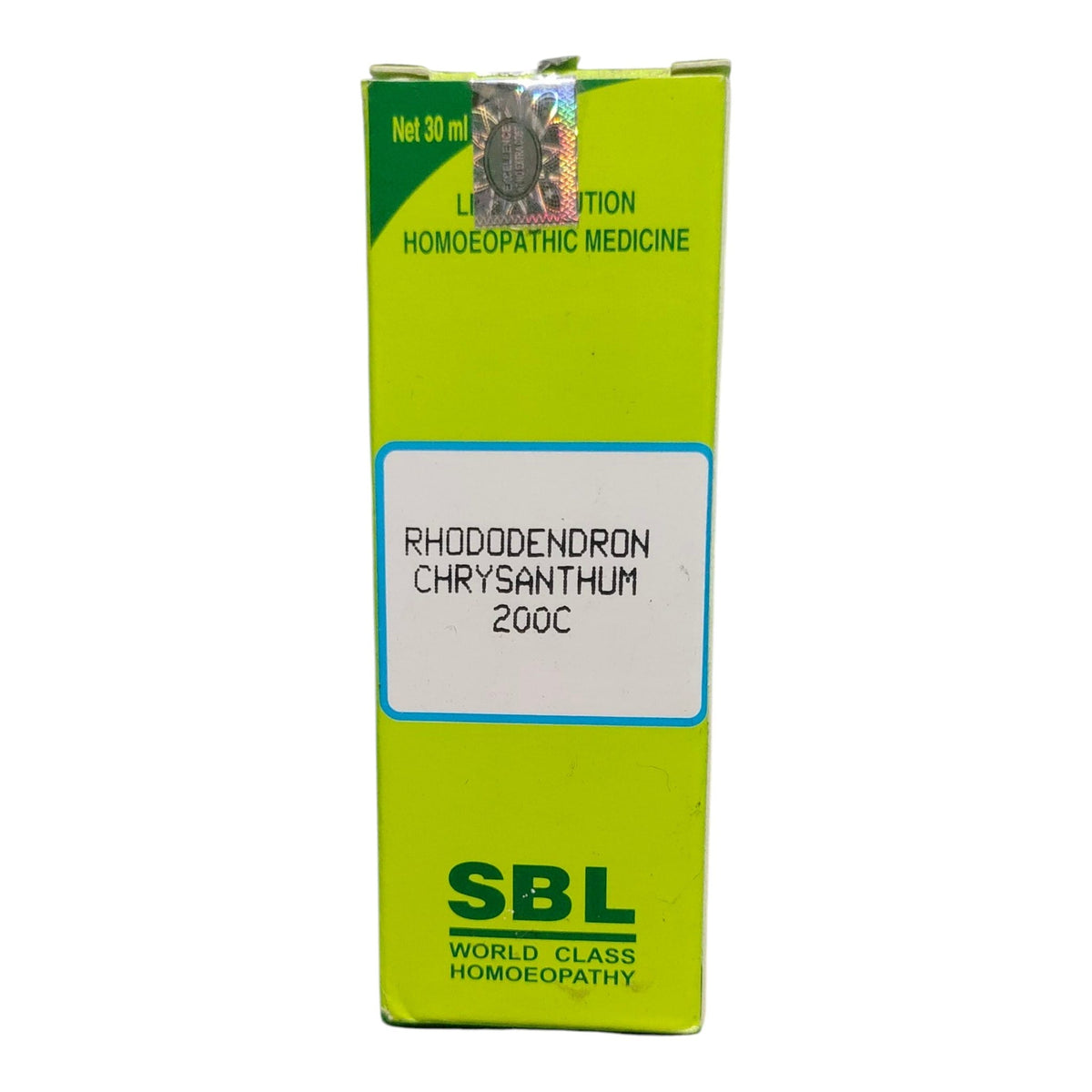 A green rectangular box of SBL Rhododendron Chrysanthum 200C homeopathic medicine, shown against a plain white background.