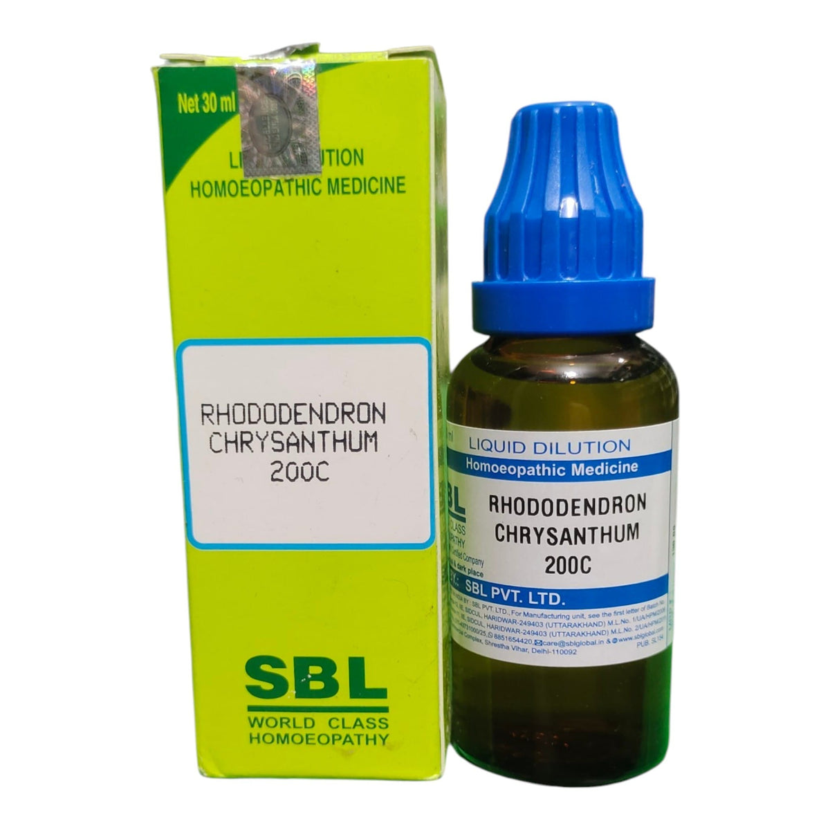 A bottle of SBL Rhododendron Chrysanthum 200C homeopathic liquid medicine with a blue dropper cap next to its lime green cardboard packaging box on a white background.