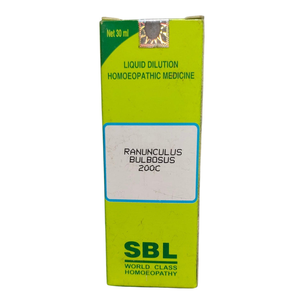 A 30 ml box of SBL Ranunculus Bulbosus 200C liquid dilution homeopathic medicine, featuring a bright lime green and yellow-green design with a white label in the center.