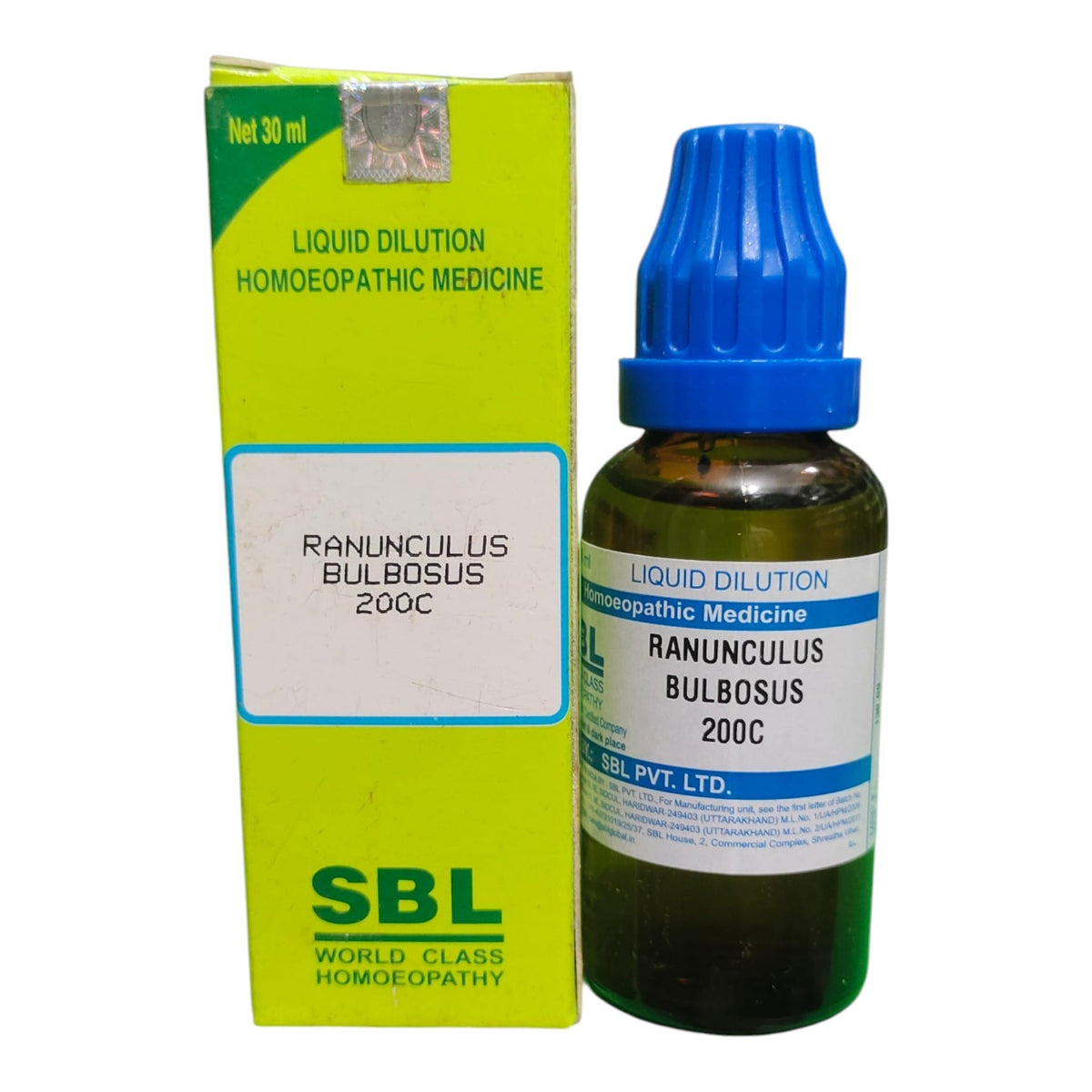 A bottle of SBL Ranunculus Bulbosus 200C liquid dilution homeopathic medicine next to its lime green and white cardboard packaging box, on a plain white background.