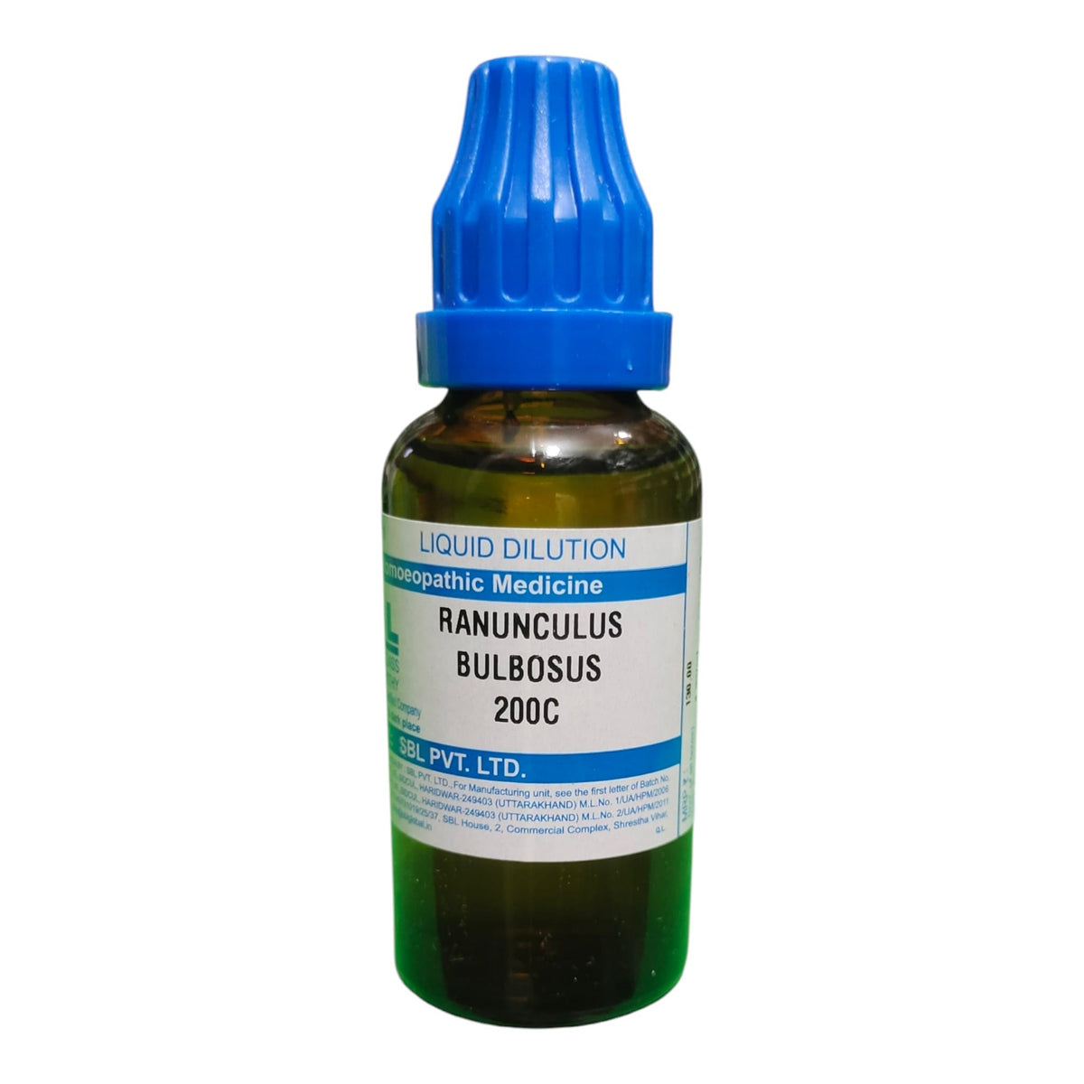 A small amber glass dropper bottle of liquid dilutionopathic medicine, Ranunculus Bulbosus 200C, by SL. Pvt.