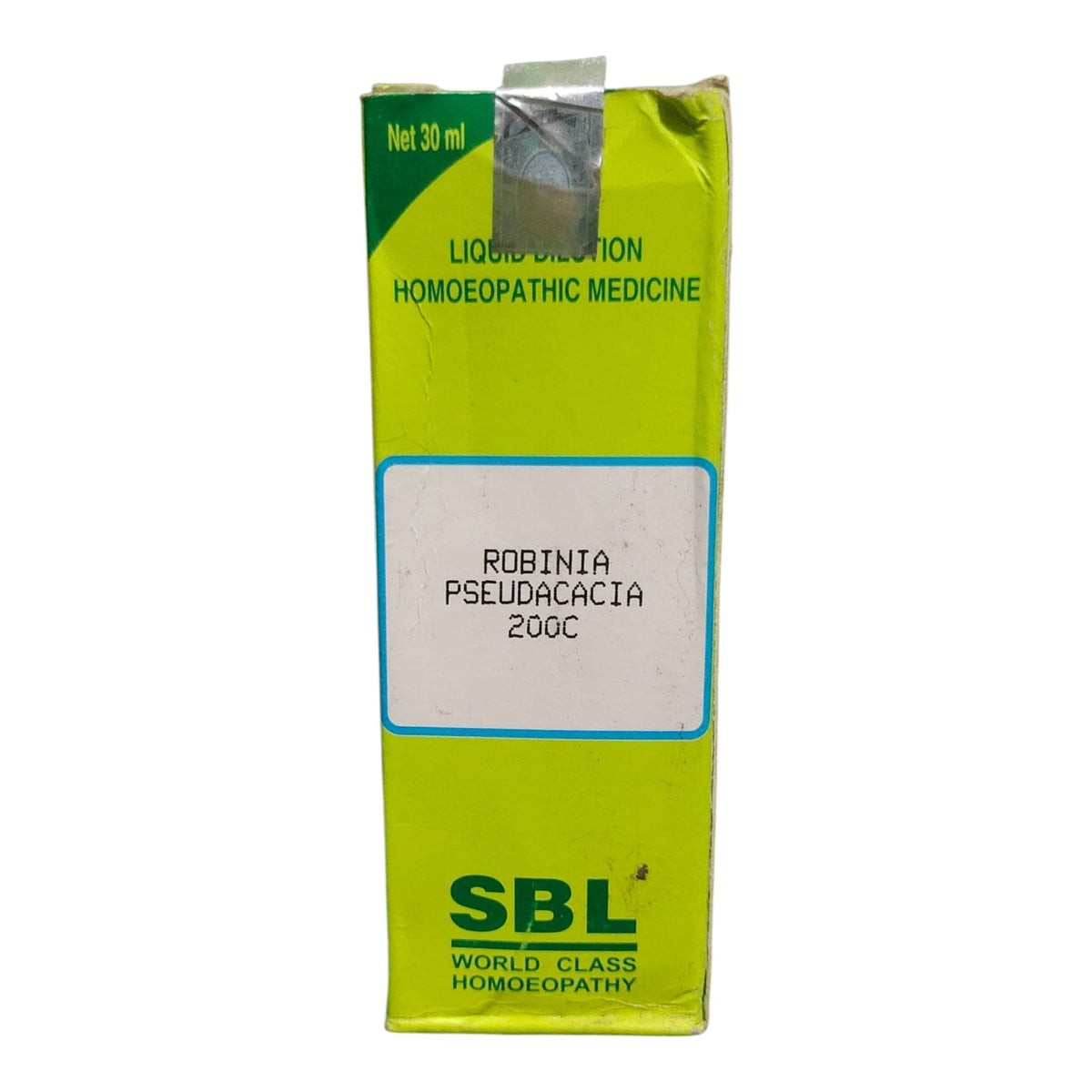A 30 ml box of SBL Robinia Pseudacacia 200C liquid injection homeopathic medicine, featuring a bright lime green and yellow-green design with a white label in the center.