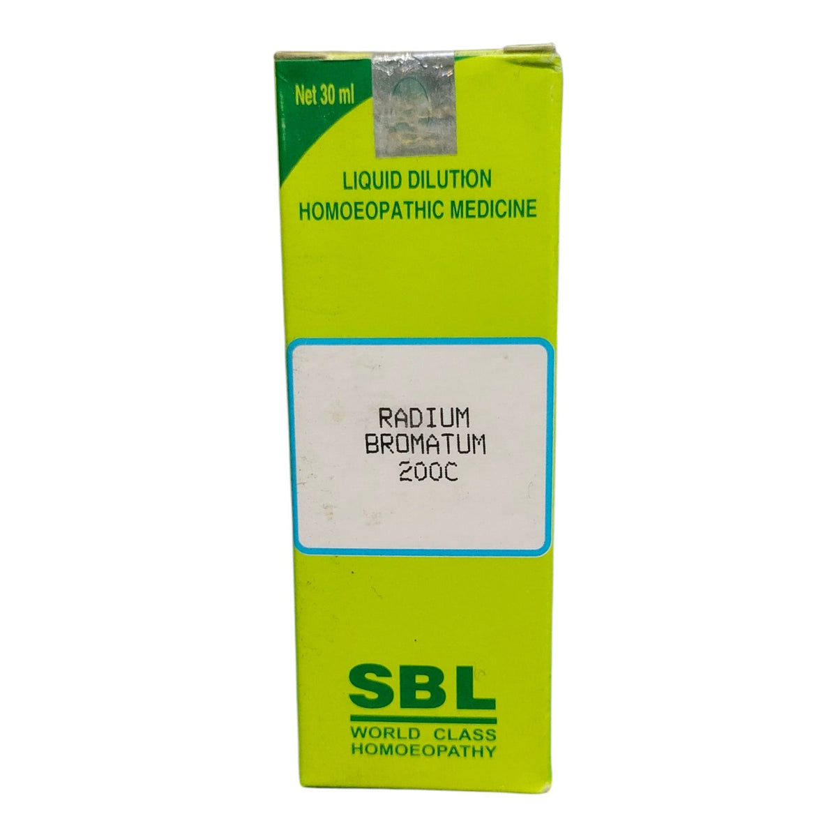 A 30 ml box of SBL Radium Bromatum 200C liquid dilution homeopathic medicine, featuring a bright lime green and white design with green text.