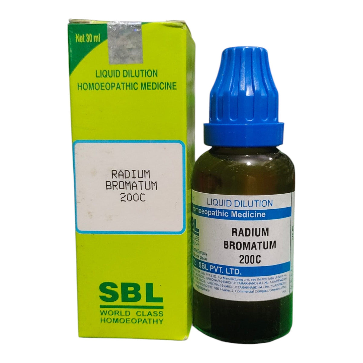 A bottle of SBL Liquid Dilution Homoeopathic Medicine, Radium Bromatum 200C, next to its lime green packaging box on a white background.