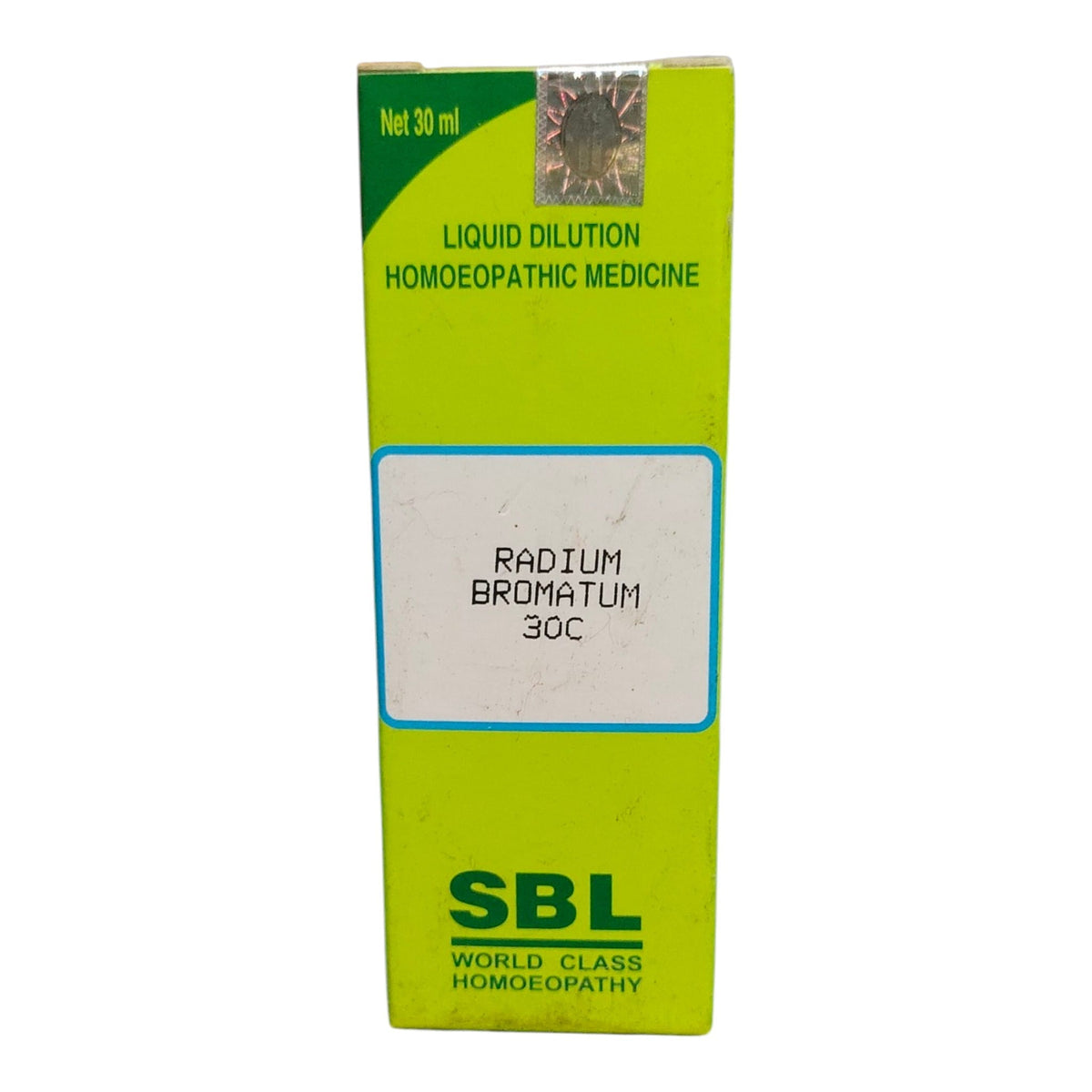 A 30 ml box of SBL World Class Homoeopathy Liquid Dilution Homoeopathic Medicine, specifically Radium Bromatum 30C, featuring a bright lime green and dark green design with a white label.
