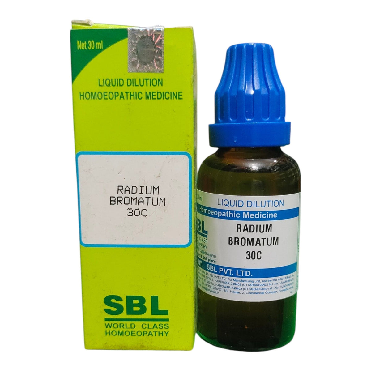 SBL World Class Homoeopathy Liquid Dilution Radium Bromatum 30C medicine shown with its lime green box and dark glass bottle featuring a blue dropper cap on a white background.
