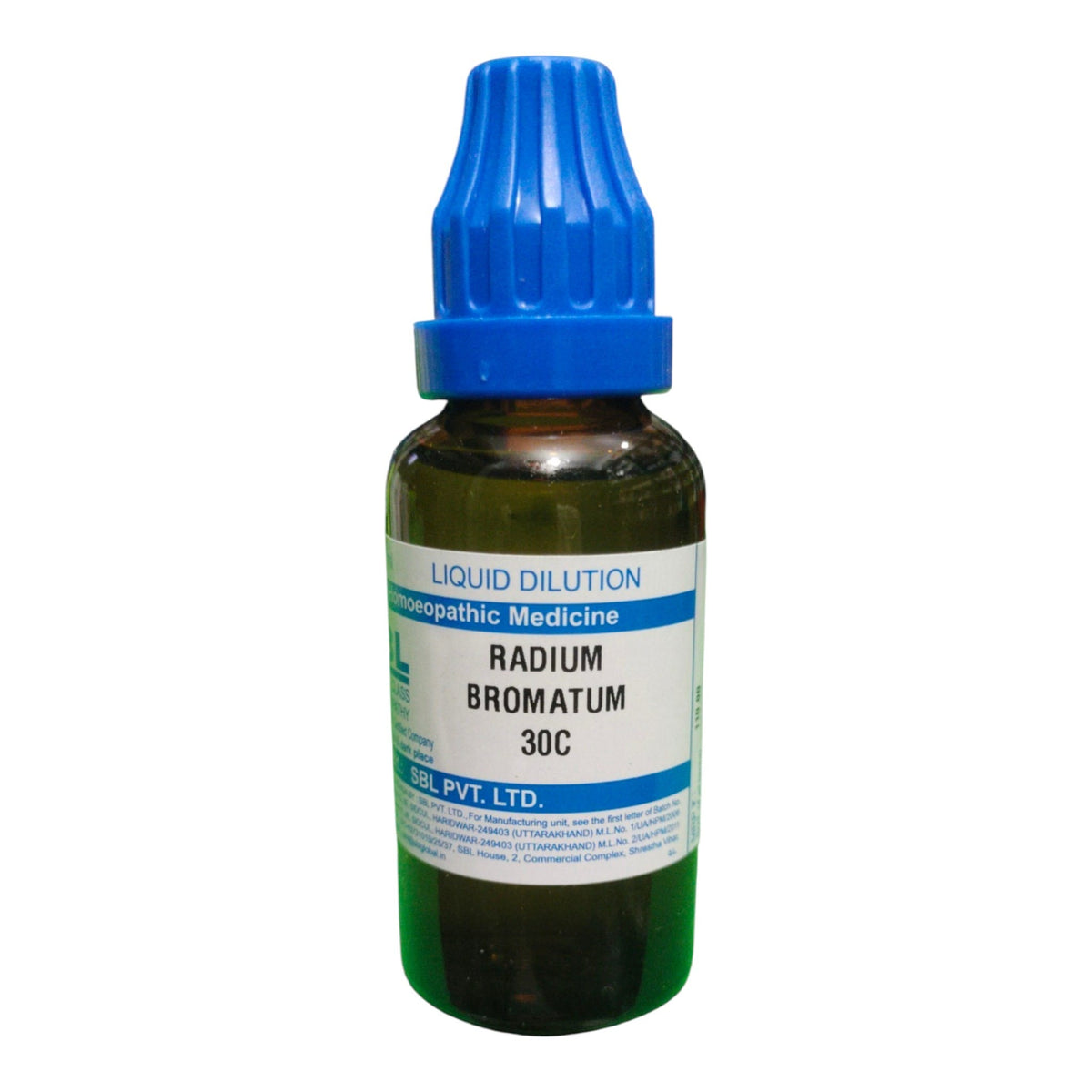 A small amber glass dropper bottle of Radium Bromatum 30C liquid dilution by Gel Pvt. Ltd.