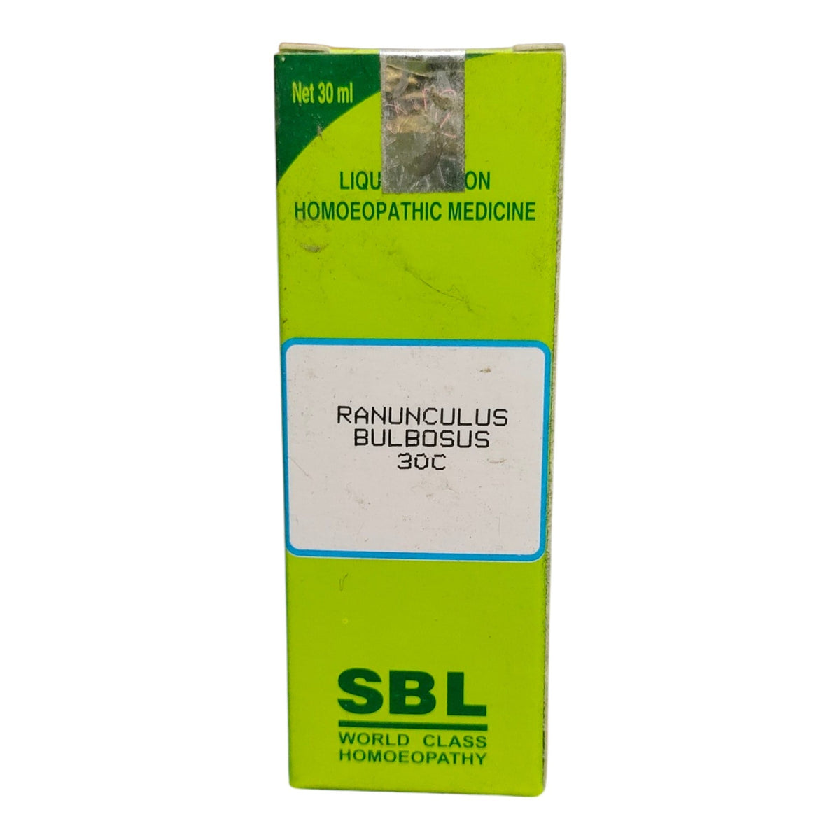 A green rectangular box of SBL Ranunculus Bulbosus 30C homeopathic medicine, featuring a white label in the center and green text, set against a plain white background.