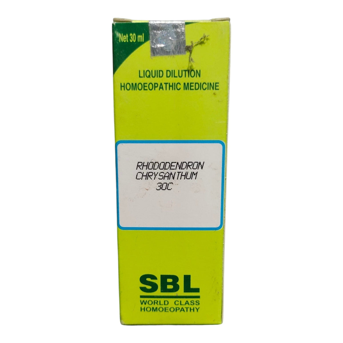 A tall rectangular box of SBL World Class Homoeopathy liquid dilution homeopathic medicine, labeled Rhododendron Chrysanthum 30C, in a bright lime green color with black and blue text.